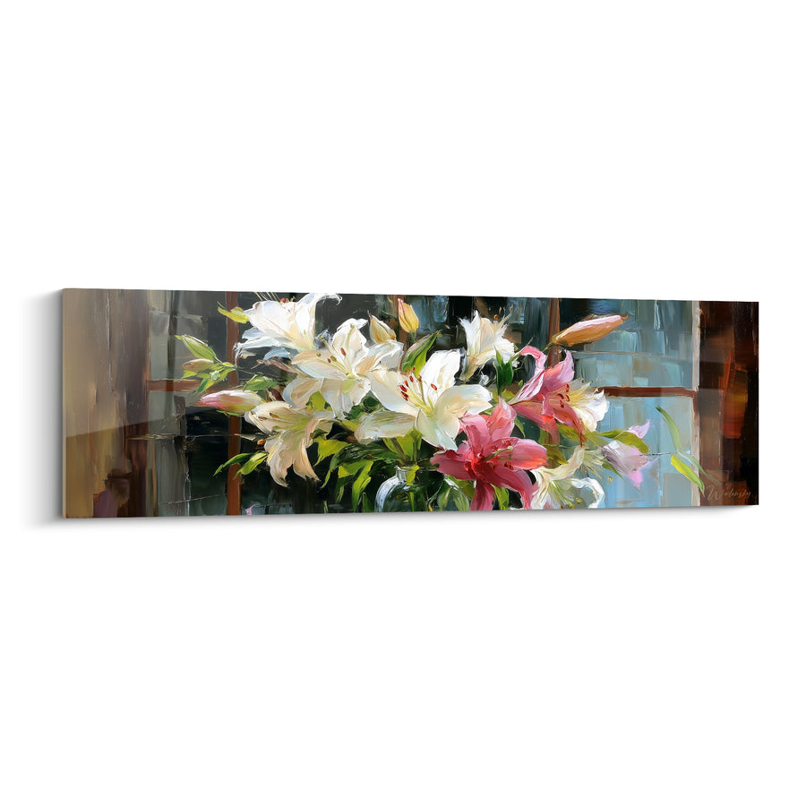 Painting of a bouquet of white and pink lilies in front of a wooden window - Transparent glass vase - Lys Edition