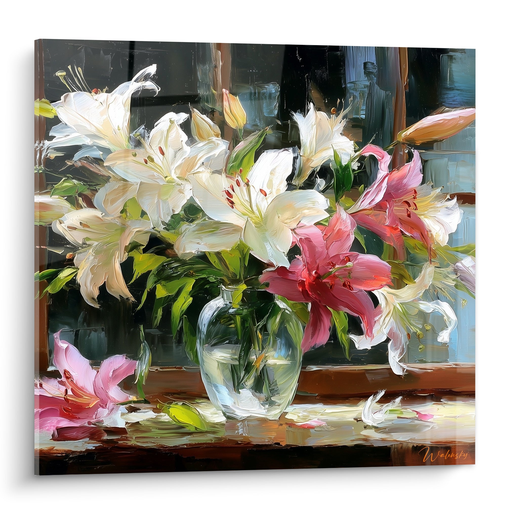 Lys blanc et rose peints en larges touches dans un vase de verre transparent