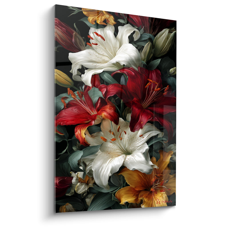 Tableau Bouquet de lys blancs et rouges - Éclat floral nocturne - Edition Lys