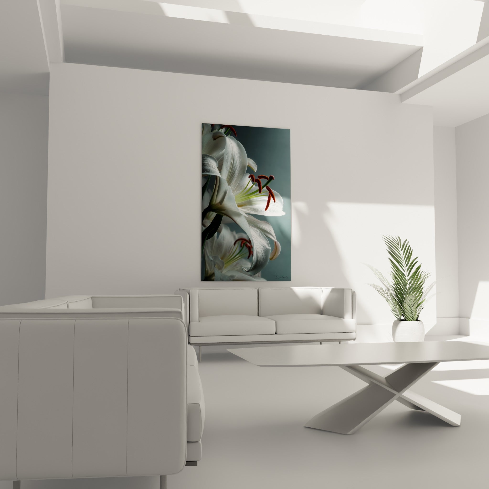 Corolles de lys immaculées aux nervures fines accrochées au-dessus d'un canapé dans un salon lumineux