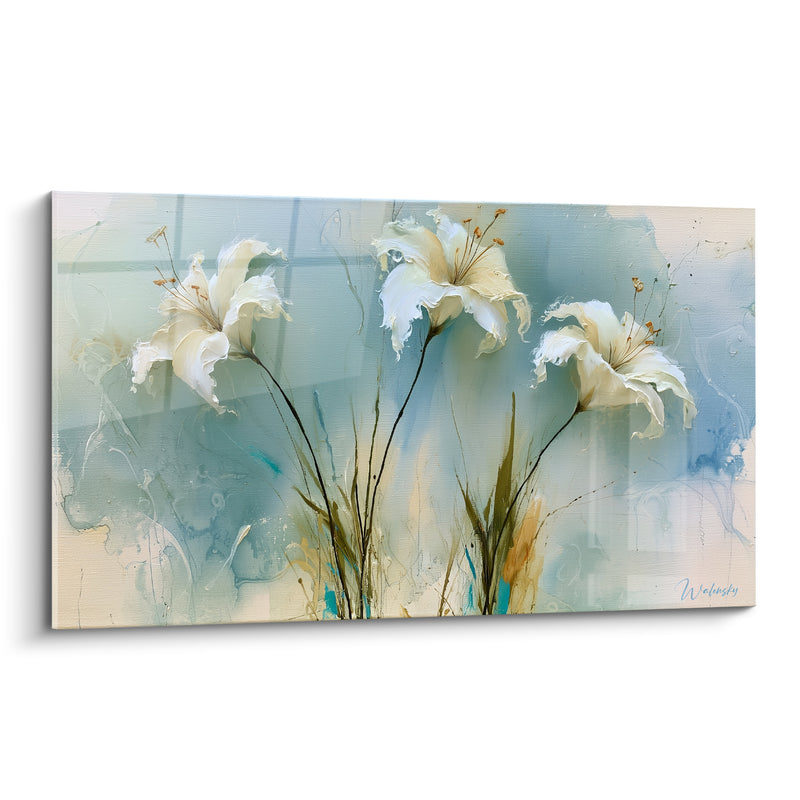 Tableau Lys blanc et bleu aux tiges filiformes - Fond en croisillons pastel - Edition Lys
