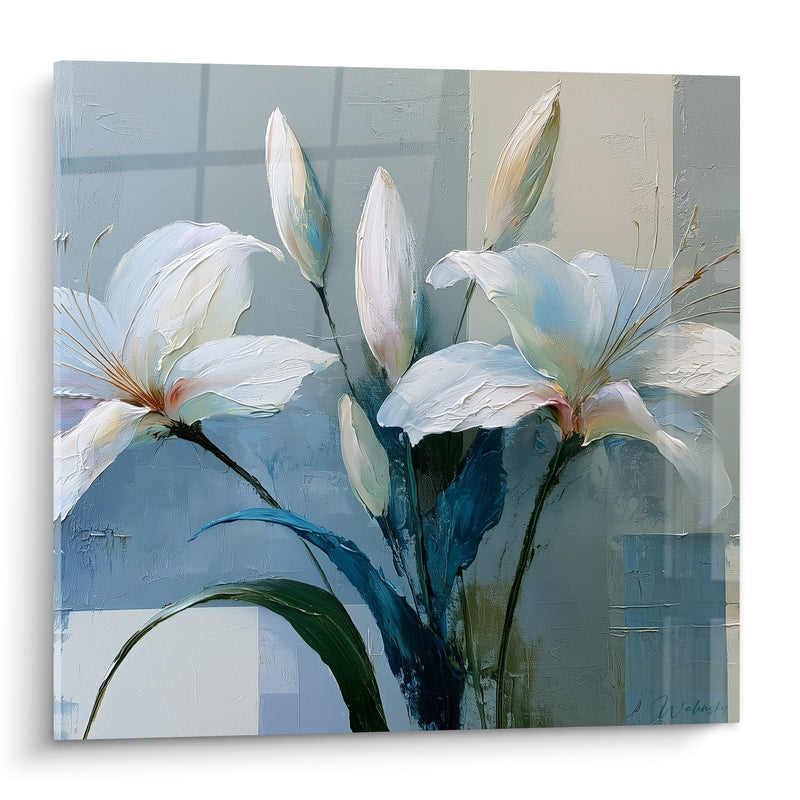 Tableau Lys blanc aux feuilles bleu nuit - Souffle matinal - Edition Lys