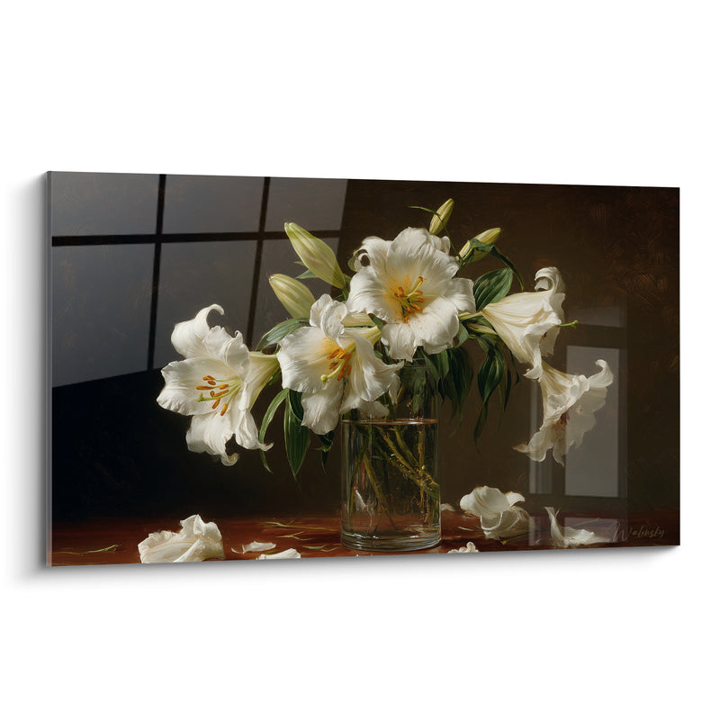 Tableau Lys blancs en vase de verre - Chute silencieuse - Edition Lys
