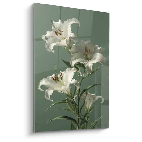 Cuadro de lirio blanco y verde con estambres rojizos - Fondo de vidrio cuadriculado - Edición Lys