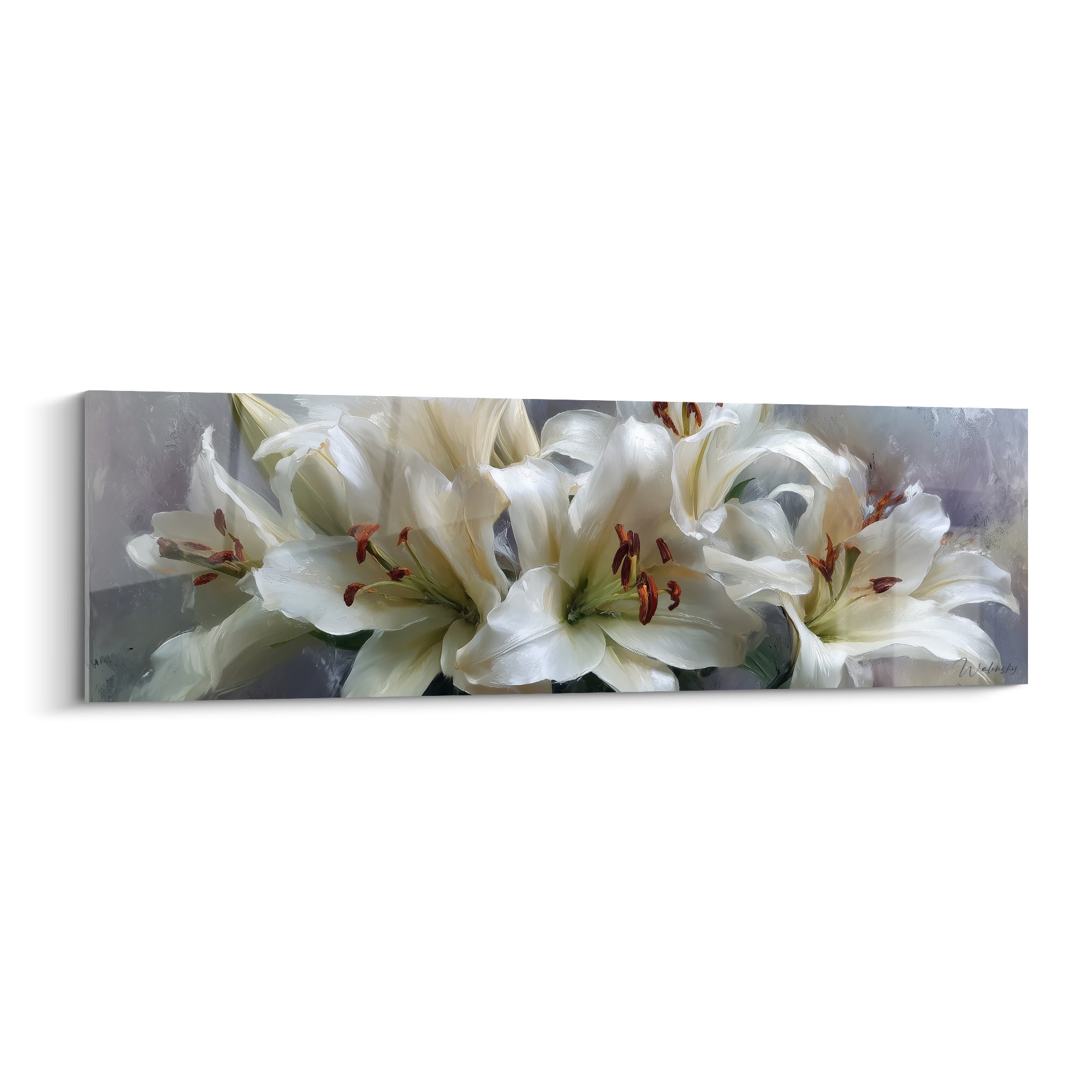 Lys blancs aux étamines cuivrées, pétales nacrés ouverts sur fond gris perle en toile florale