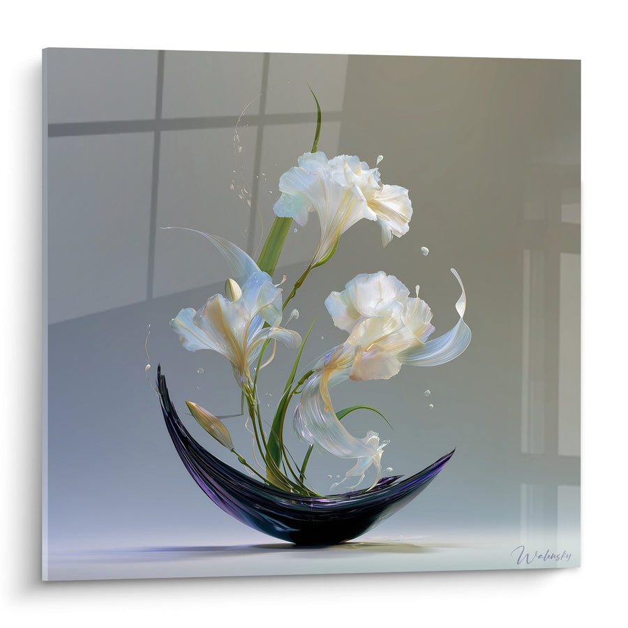 Tableau Lys Blancs dans Vase Noir avec Mouvement d'Eau - Élégance Florale - Edition Ikebana
