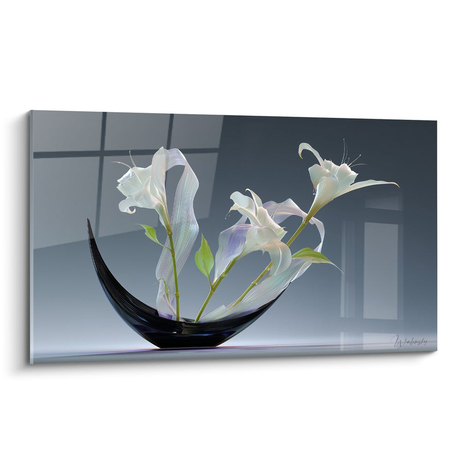 Schilderij Witte Lelies in Zwarte Minimalistische Vaas - Zen Zuiverheid - Editie Ikebana