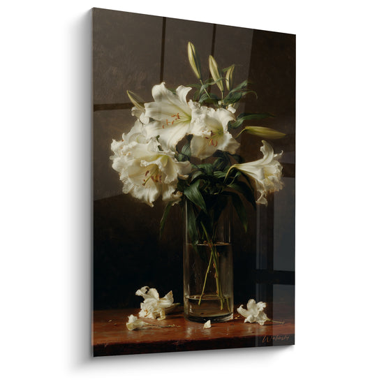 Tableau Lys blancs vase en verre transparent - Sérénité d'un soir ancien - Edition Lys
