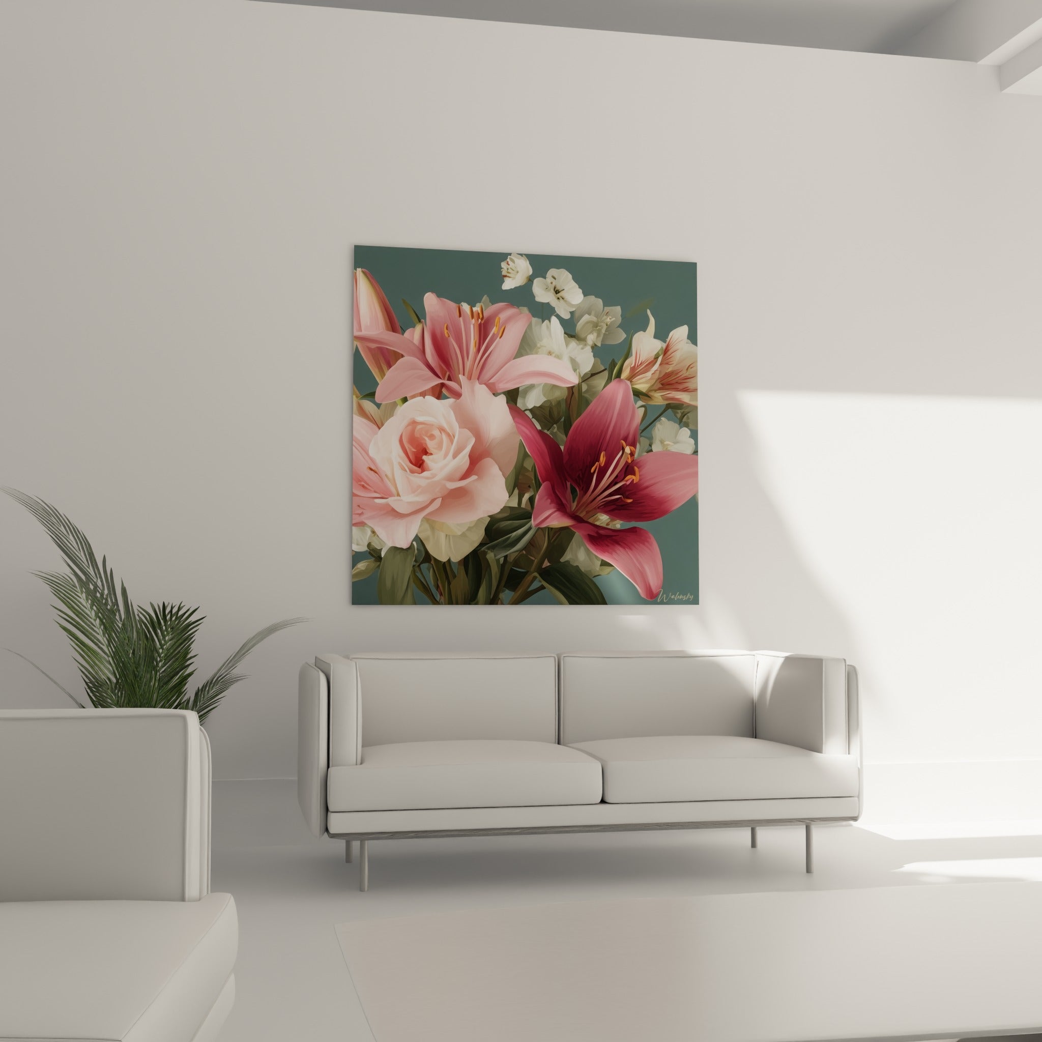 Lys bordeaux profond côtoyant une rose rose pâle, placé au-dessus d'un canapé dans un salon lumineux