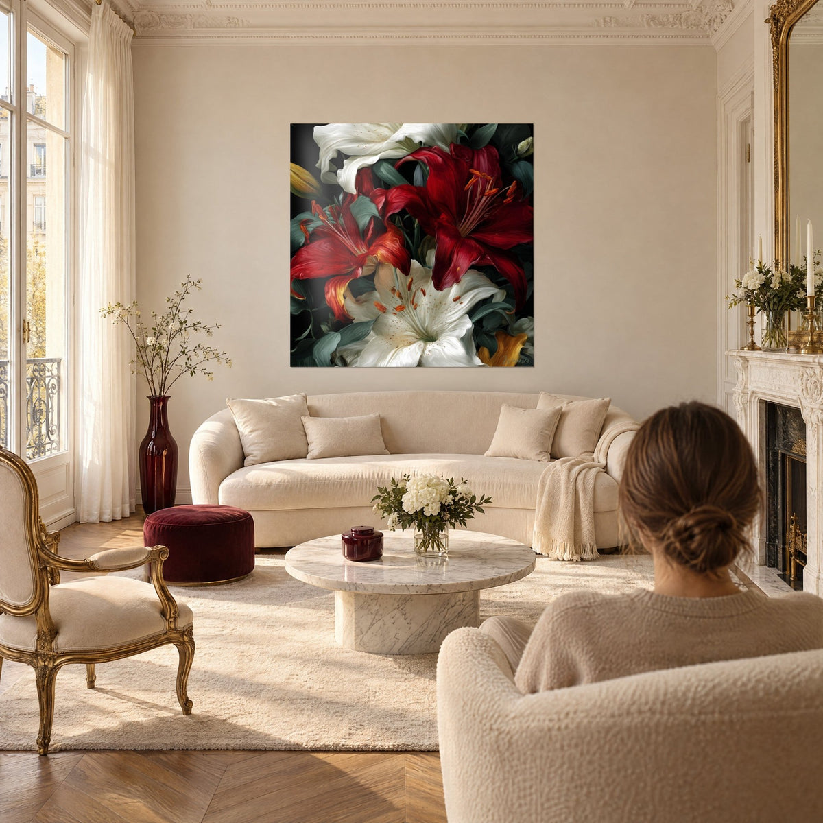 Tableau lys rouge carmin et corolle blanche aux étamines orangées sur fond noir, au-dessus d'un canapé dans un salon lumineux