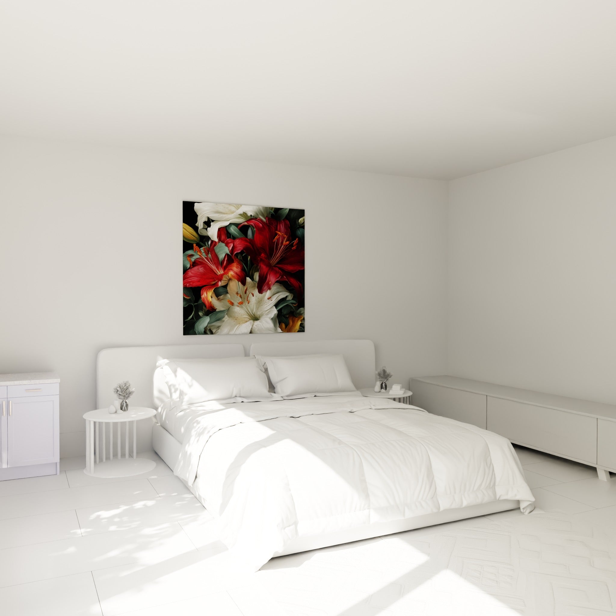 Bouquet de lys rouges et blancs, pétales veloutés et détaillés, au-dessus d'un lit dans une chambre claire
