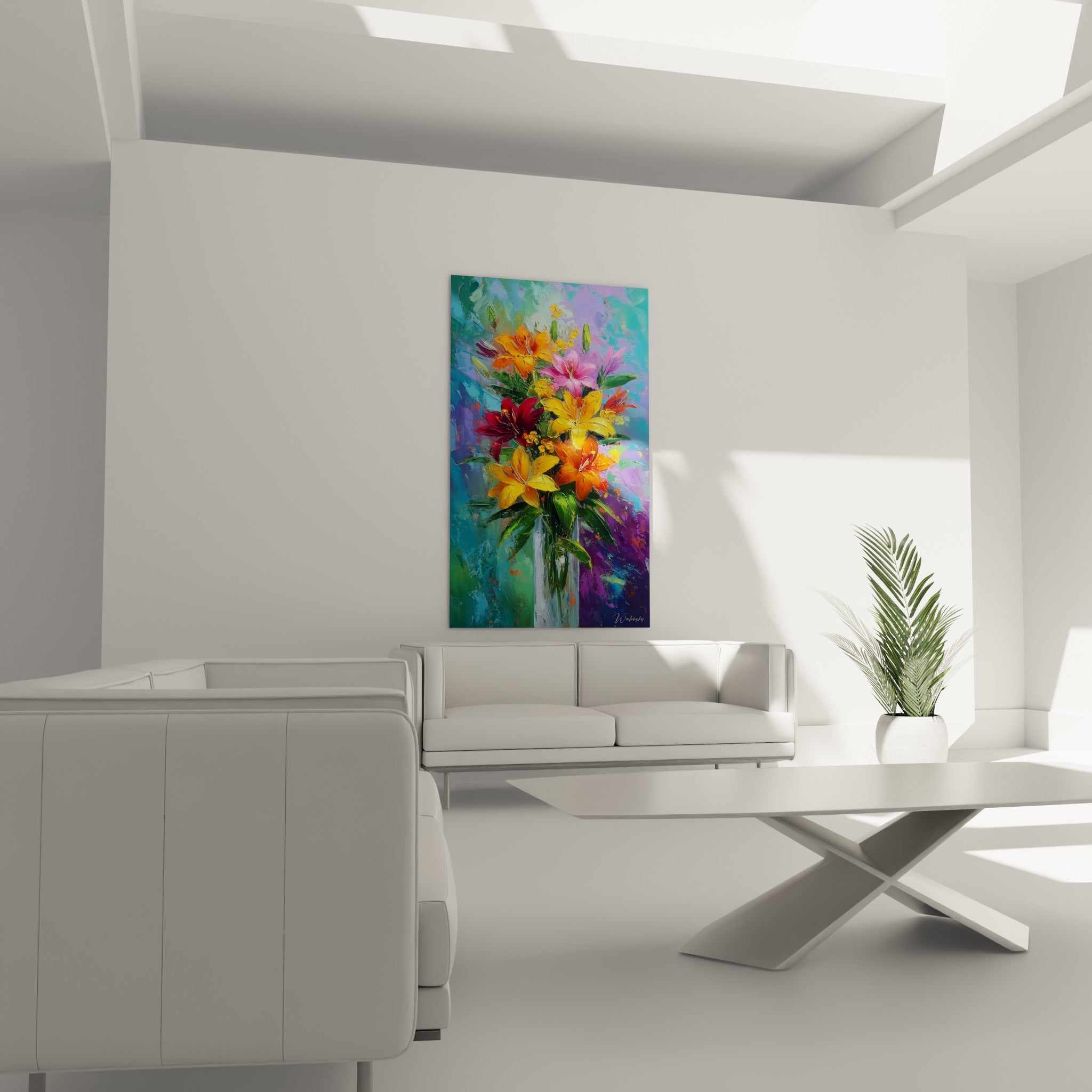 Fleurs de lys orange et bordeaux vibrantes au-dessus d'un canapé dans un salon lumineux