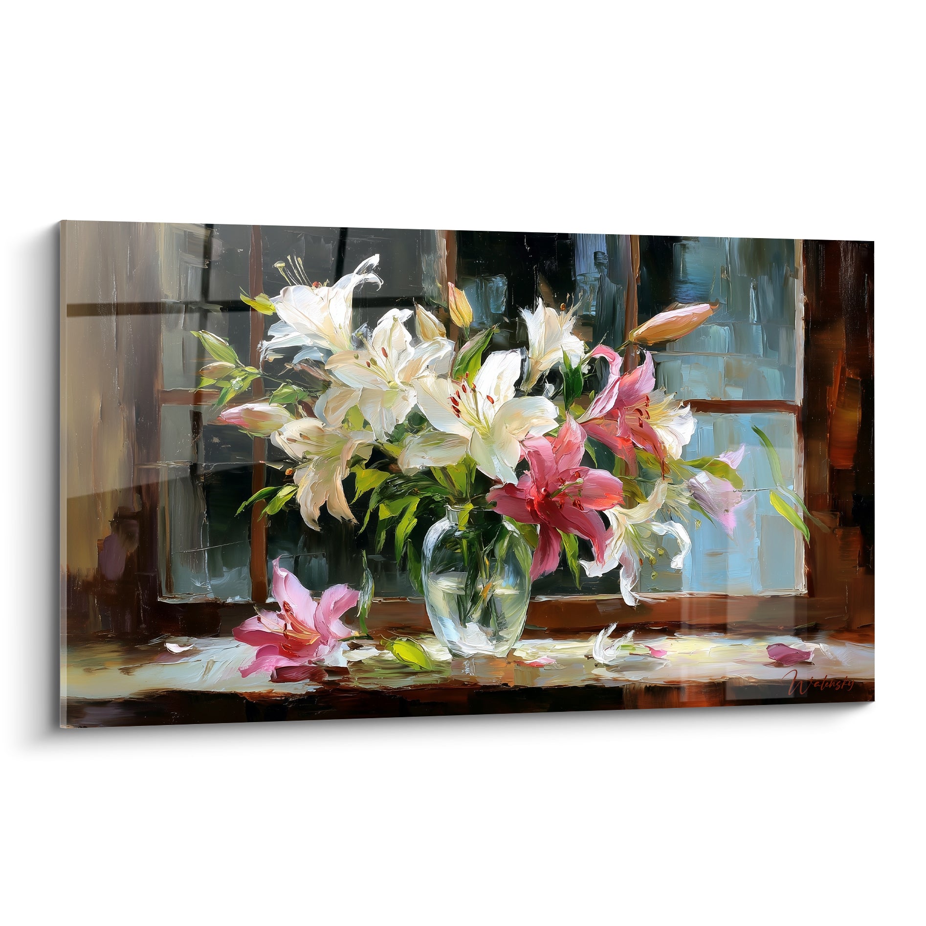 Bouquet de lys blanc et rose fuchsia peint en empâtements devant une fenêtre grise et bleutée.