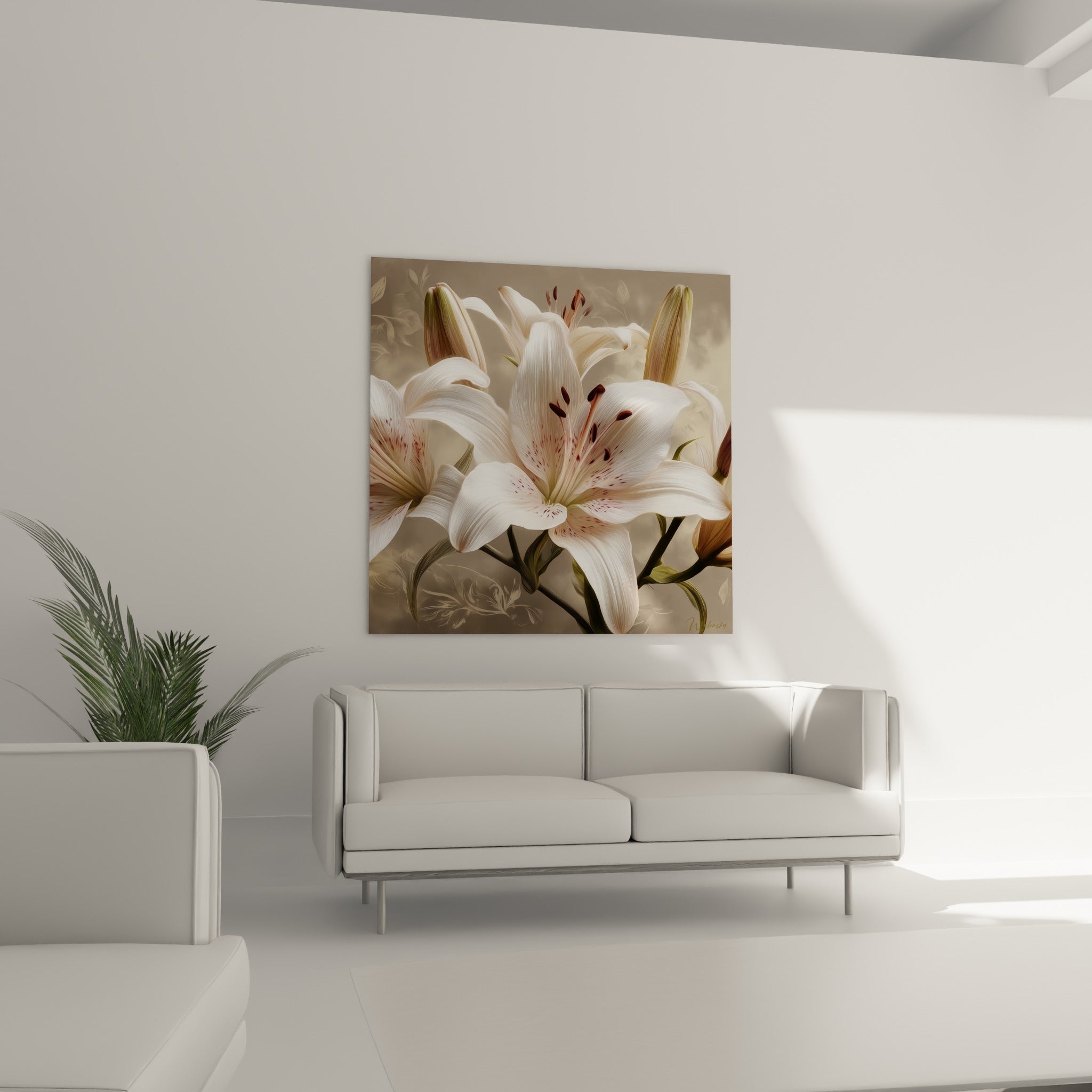 Bouquet de lys aux pétales blancs et fond taupe suspendu au-dessus d'un canapé dans un salon lumineux