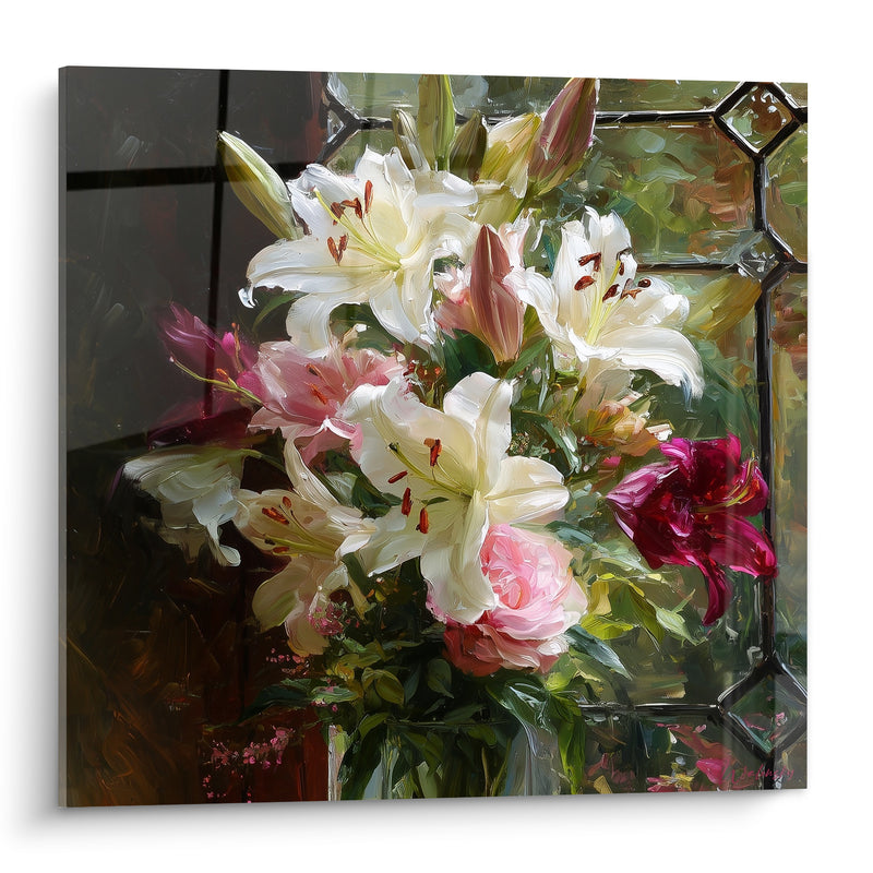 Tableau Bouquet blanc et rose devant vitrail - Éclat de jardin - Edition Lys