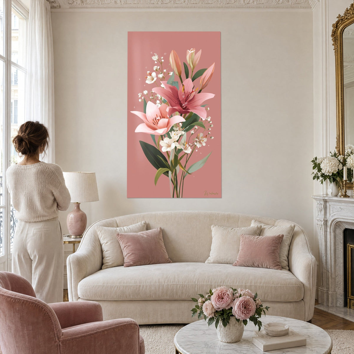 Tableau bouquet de lys roses et fleurs blanches sur fond rose poudré, pétales veinés, au-dessus d'un canapé dans un salon lumineux