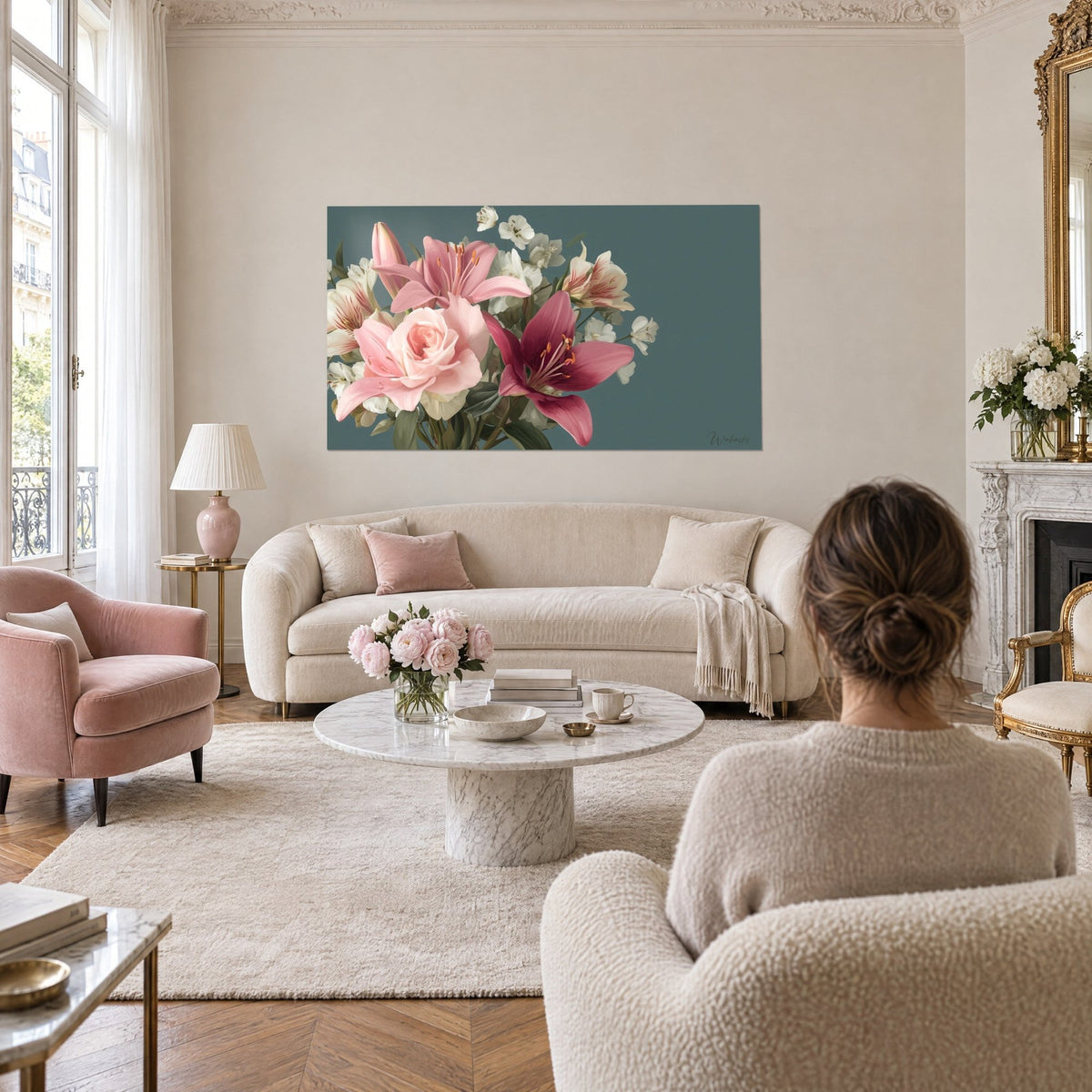 Cuadro ramo de lirios rosa y burdeos, rosa en flor sobre fondo gris pizarra, encima de un sofá en un salón luminoso