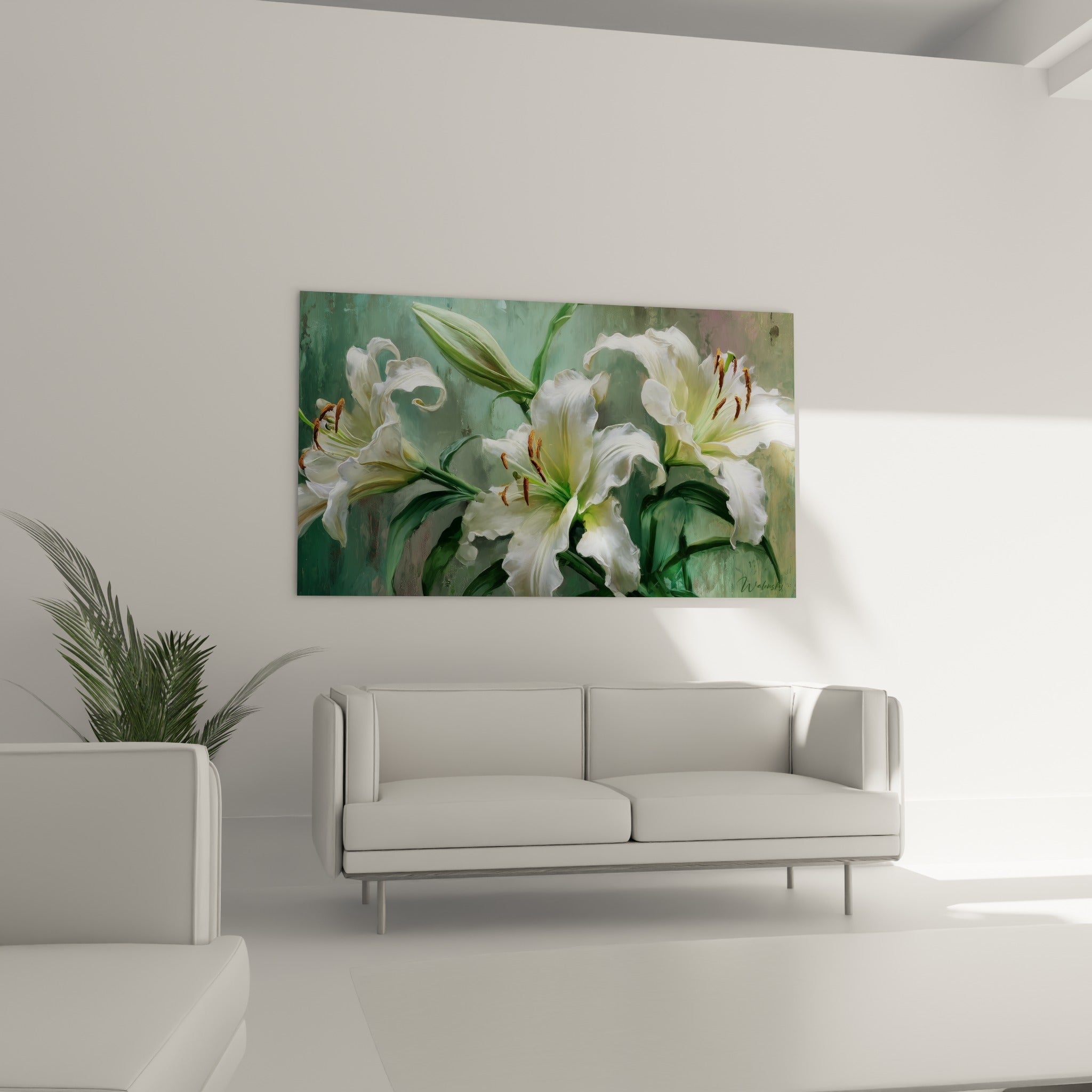 Fleurs de lys ivoire et feuillage sombre représentés au-dessus d'un canapé dans un salon lumineux