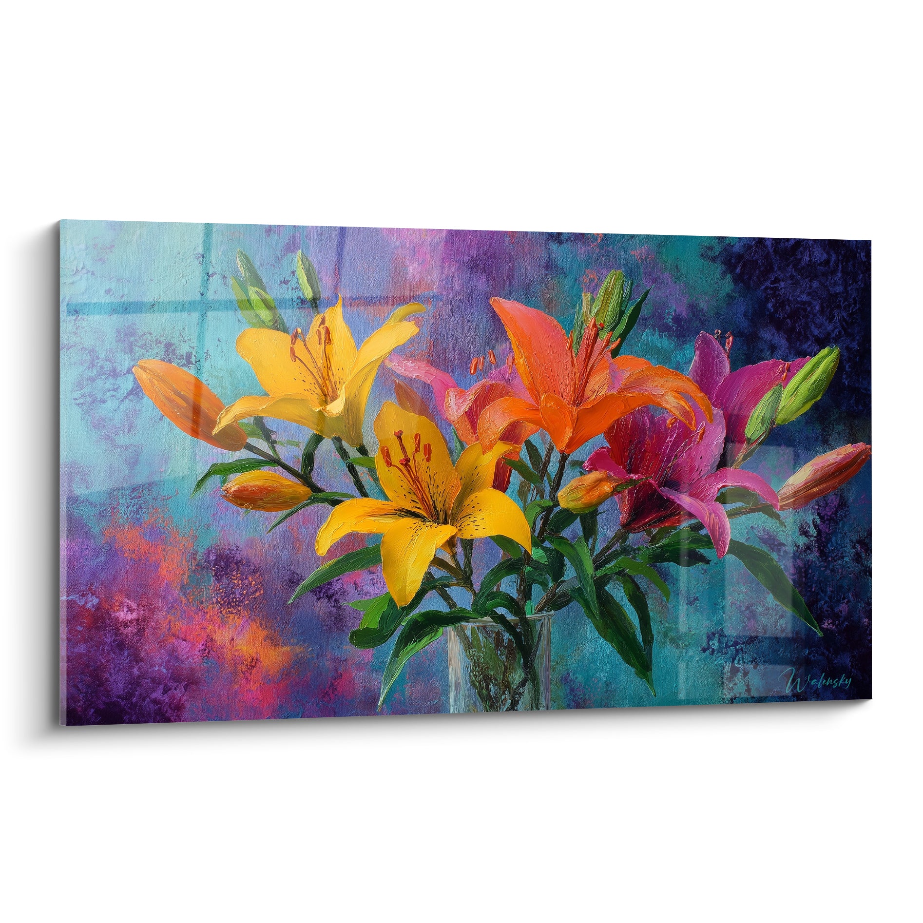 Lys jaune, orange et violet en pleine floraison, peints en empâtements sur fond bleu turquoise texturé
