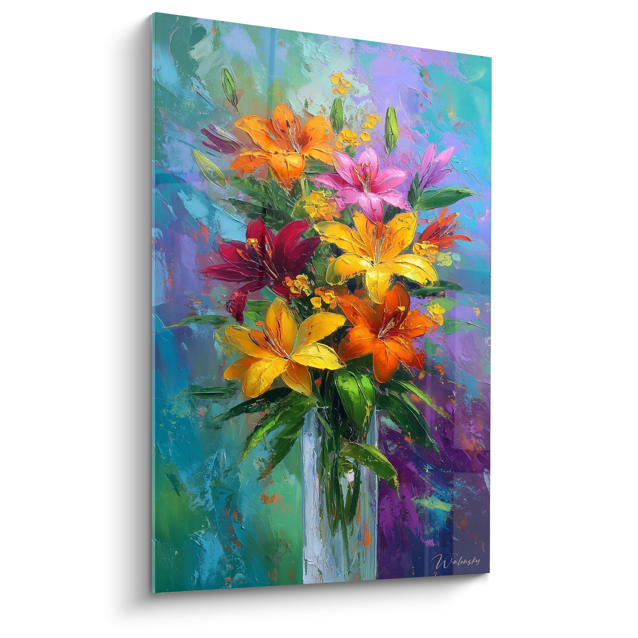 Bouquet de lys orange et jaune sur fond bleu turquoise et violet, touches au couteau