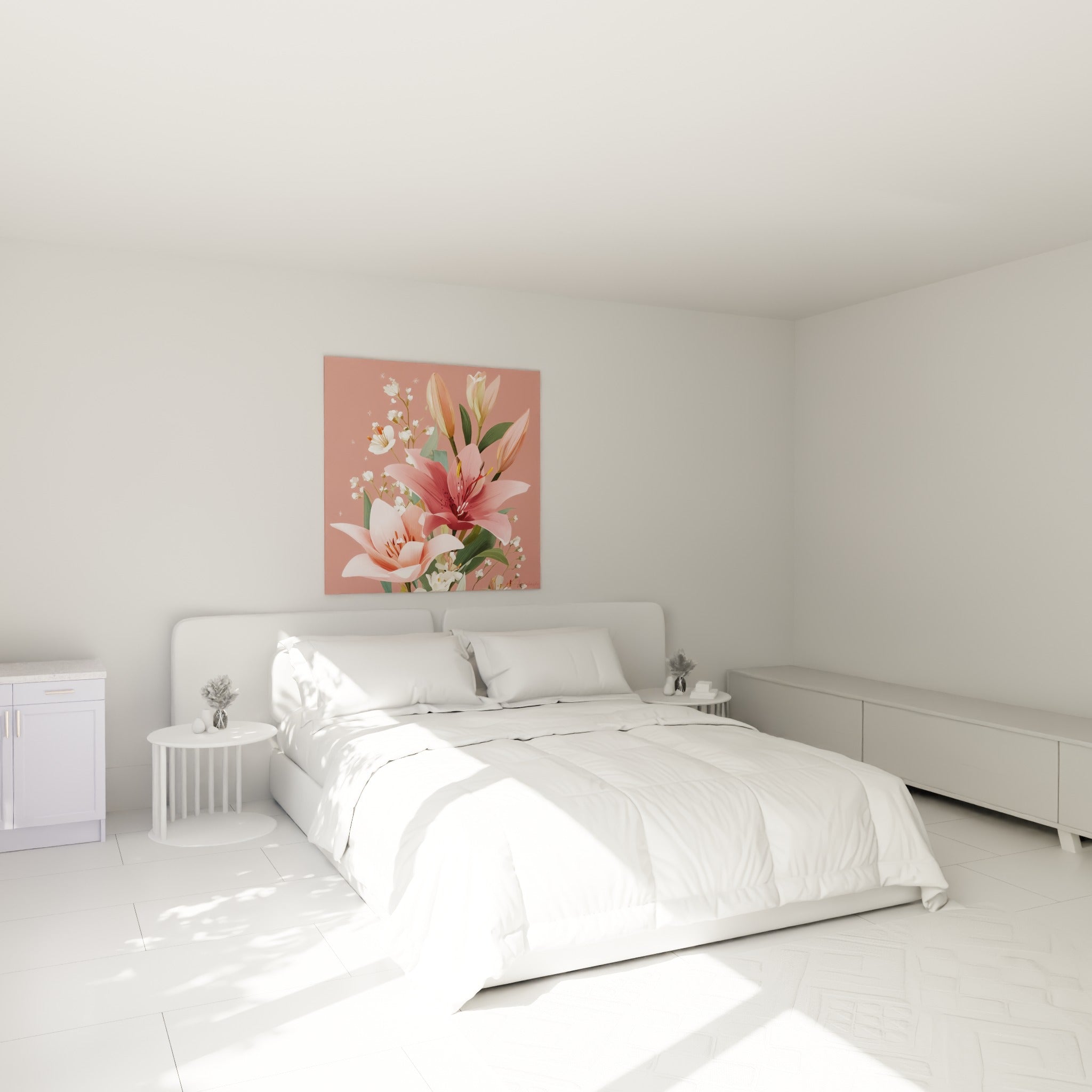 Bouquet de lys roses et boutons pêche placé au-dessus d'un lit dans une chambre claire