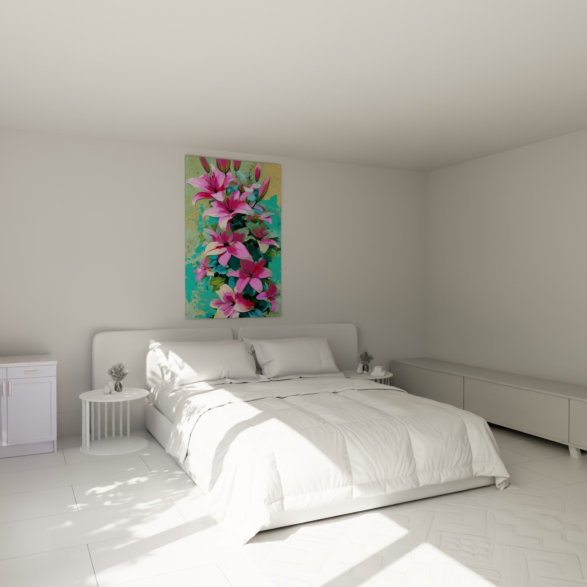 Bouquet de lys roses aux pétales veloutés, accroché au-dessus d'un lit dans une chambre claire