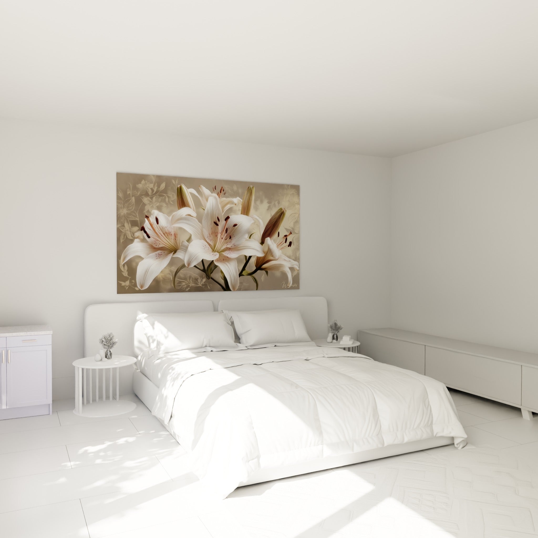 Bouquet de lys blanc et rosé accroché au-dessus d'un lit dans une chambre claire