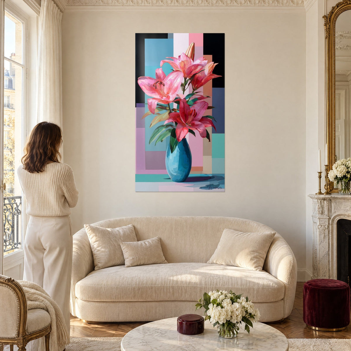 Tableau bouquet de lys roses cerise dans un vase bleu turquoise, fond de rectangles lilas, au-dessus d'un canapé dans un salon lumineux