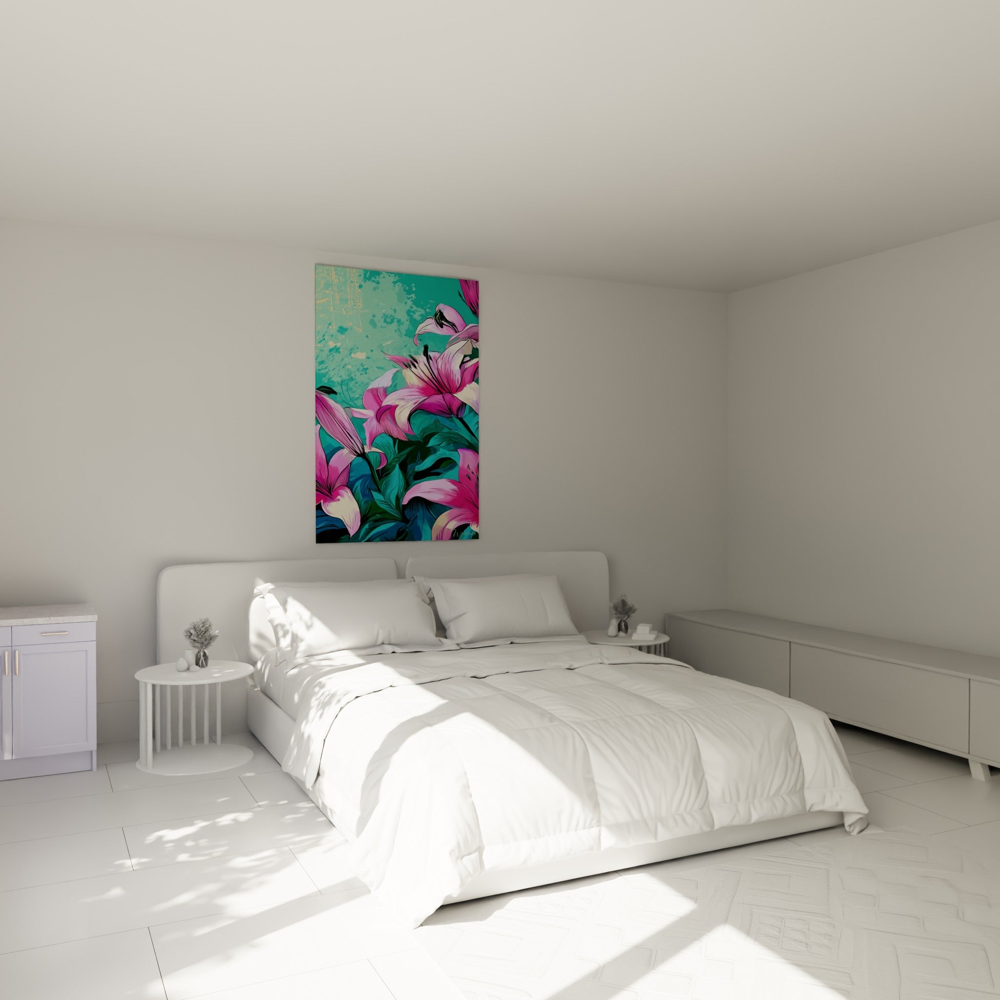Bouquet de lys rose et turquoise vif au-dessus d'un lit dans une chambre claire