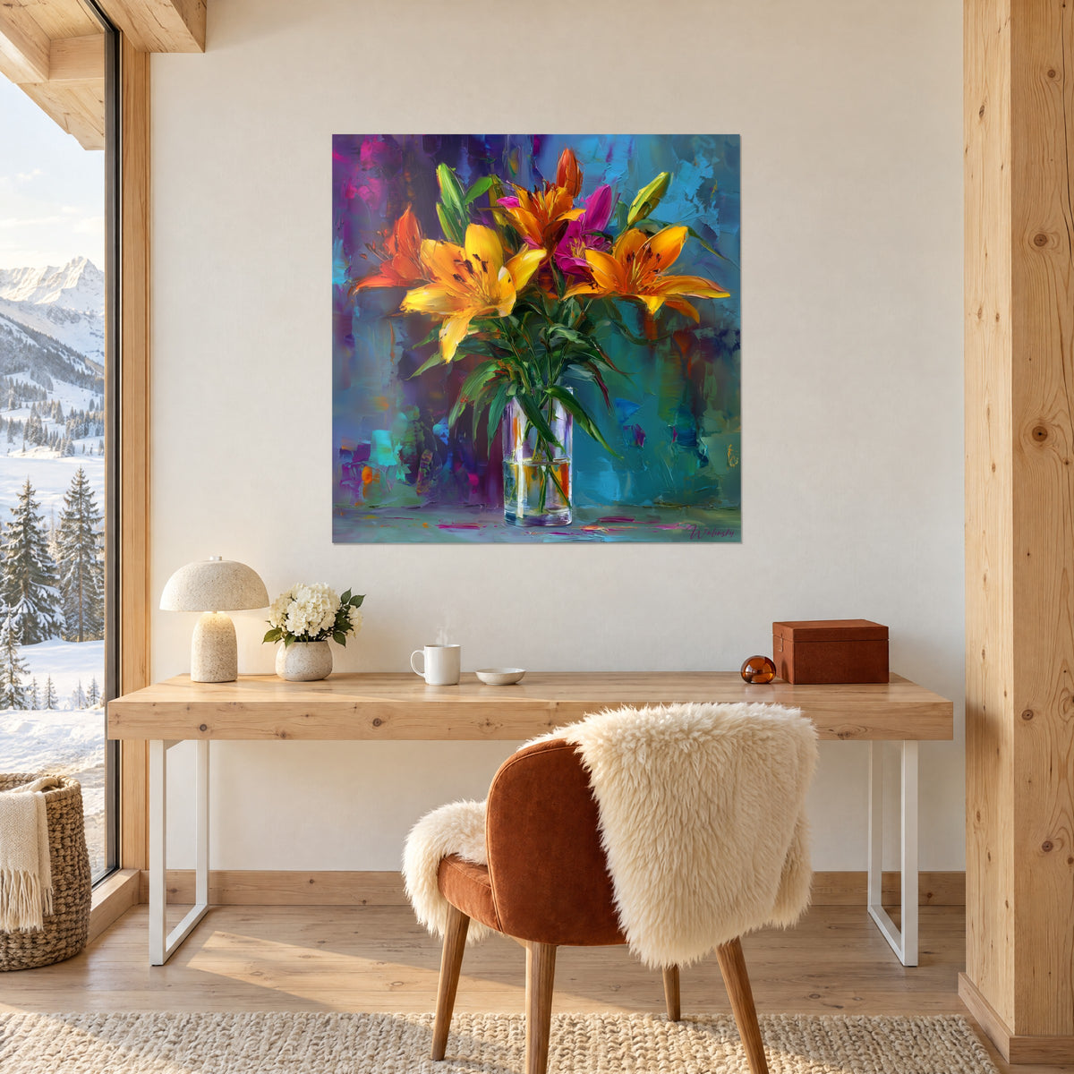 Gemälde mit einem Blumenstrauß in gelben und violetten Spachtelstrichen, grüne Stiele im Wasser der Vase, heller Holzschreibtisch, Chalet