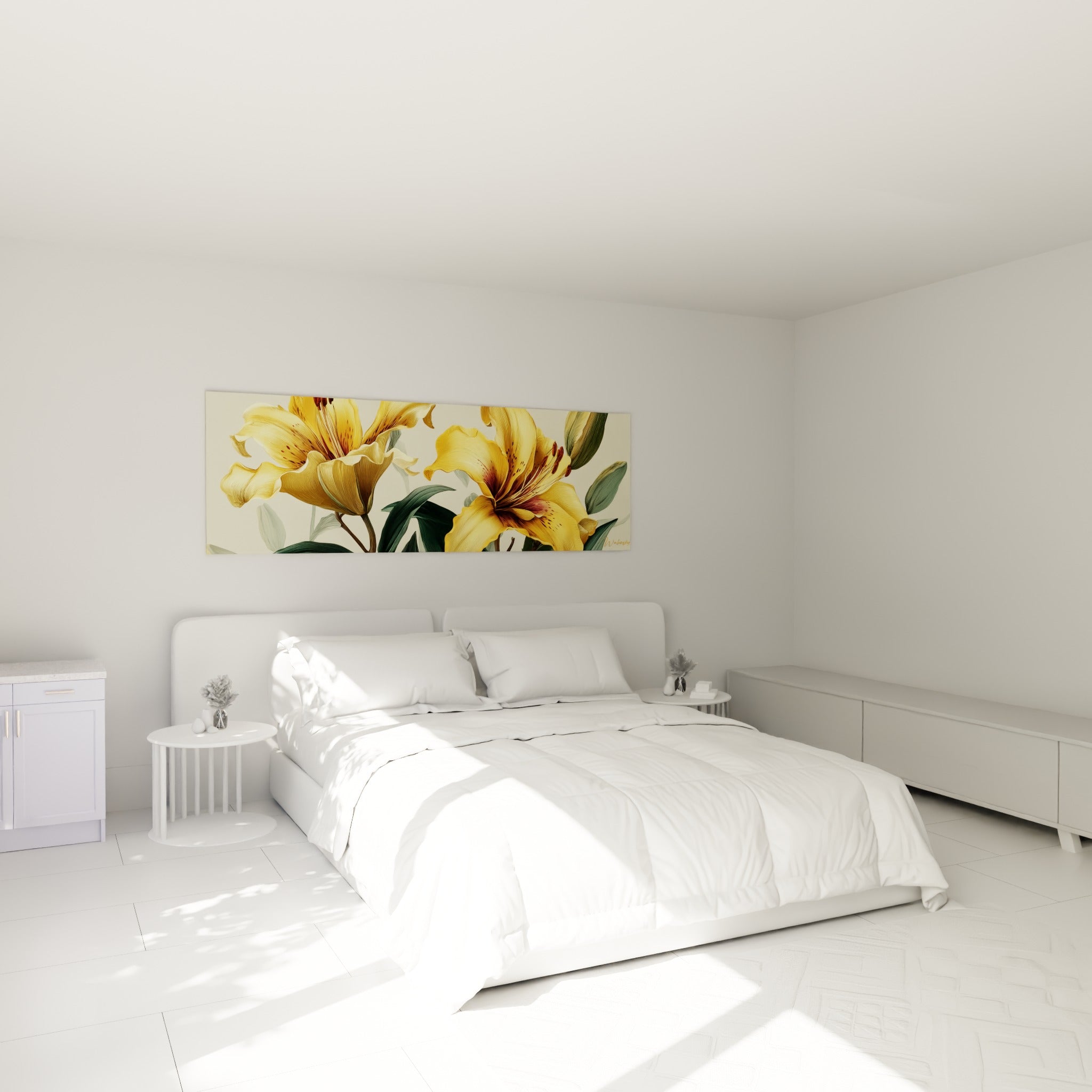 Fleurs de lys jaune miel et bordeaux au-dessus d'un lit dans une chambre claire