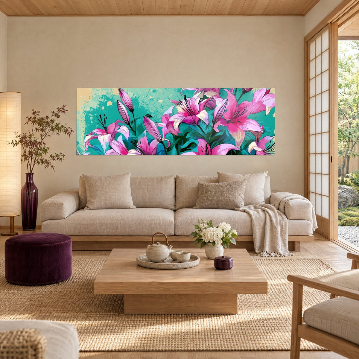 Cuadro de un ramo de lirios rosas sobre fondo turquesa salpicado de beige, estambres negros, encima de un sofá en un salón luminoso