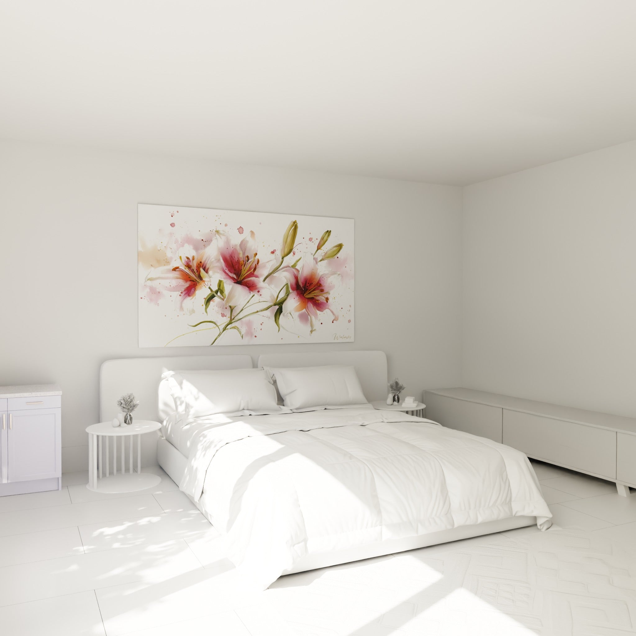 Bouquet de lys roses et blancs aux pétales délicats accroché au-dessus d'un lit dans une chambre claire