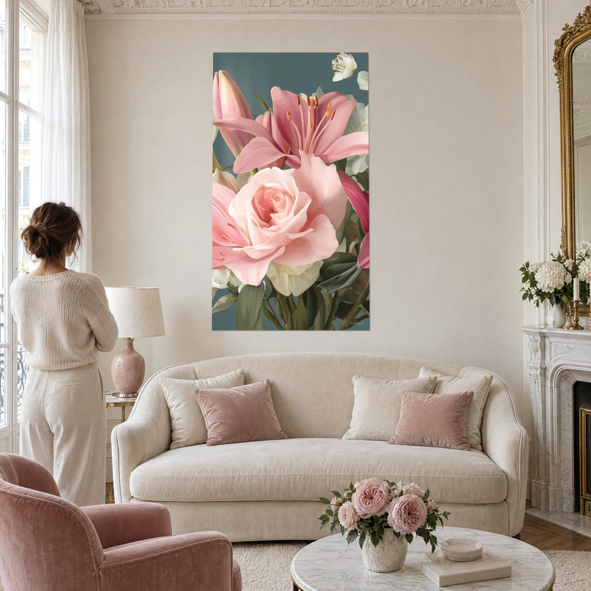 Tableau lys rose aux étamines orangées et rose pâle épanouie sur fond bleu ardoise, au-dessus d'un canapé dans un salon lumineux