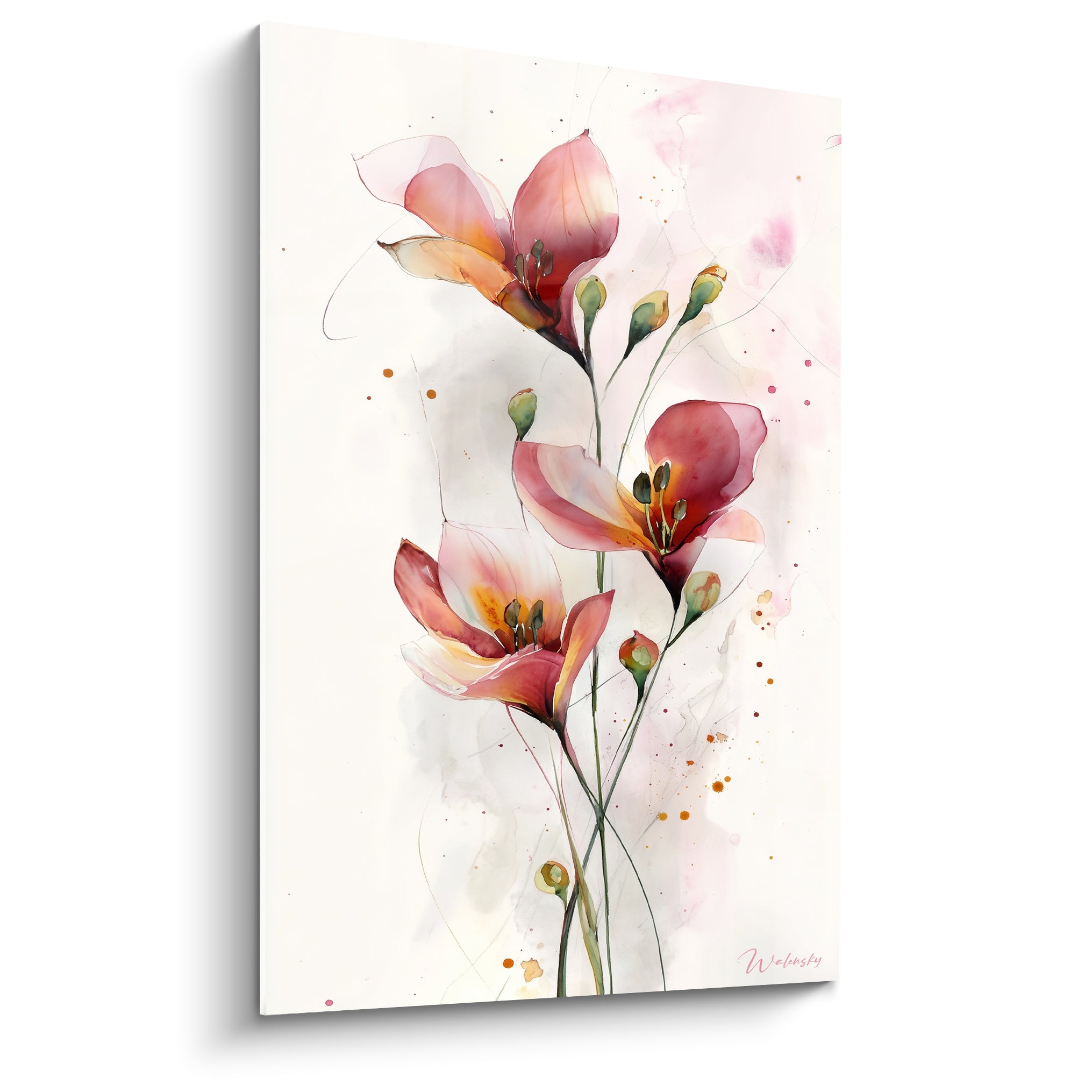 Lys corail et rose peints en aquarelle, pétales translucides sur fond ivoire éclaboussé