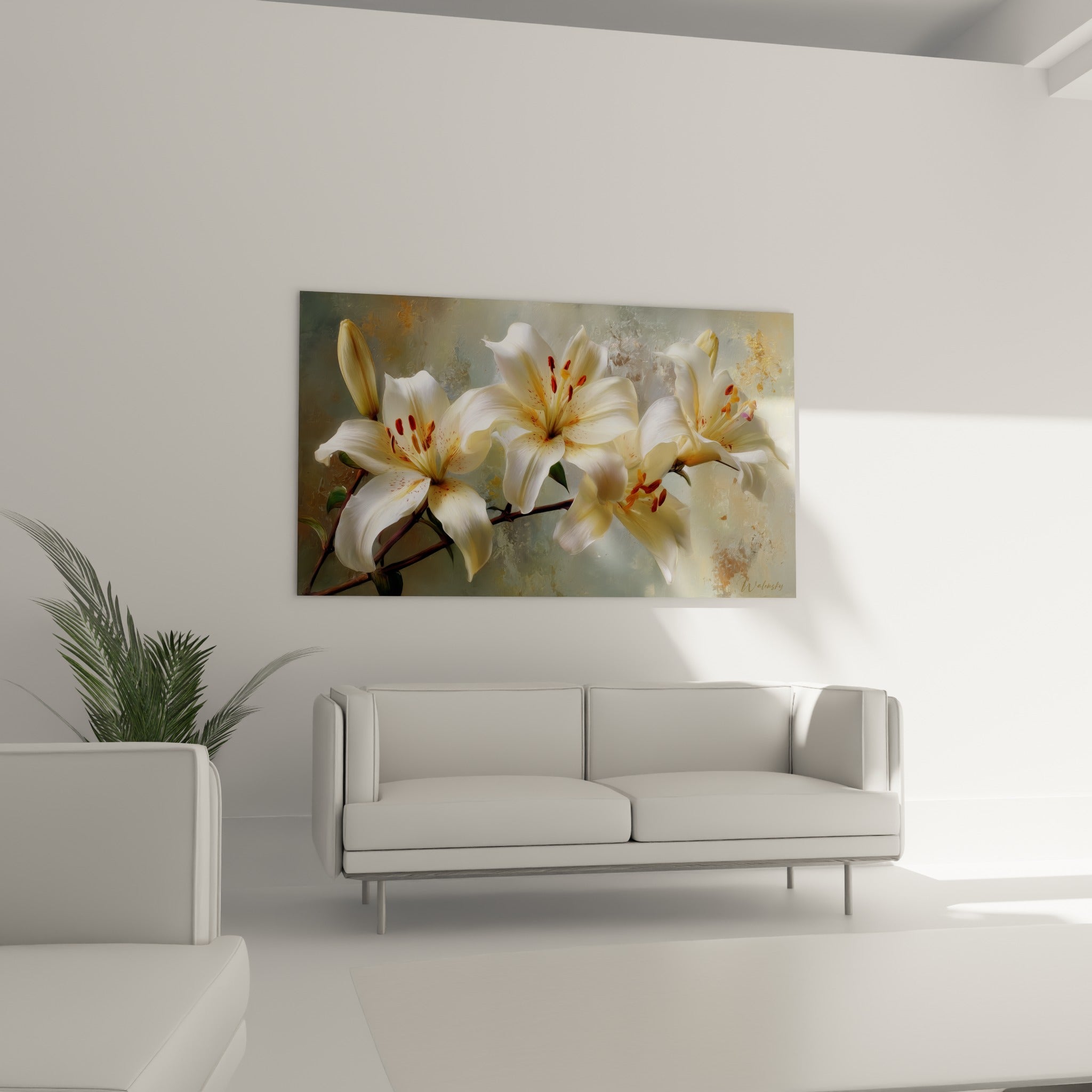 Fleurs de lys ivoire et ocre en pleine floraison, suspendues au-dessus d'un canapé dans un salon lumineux