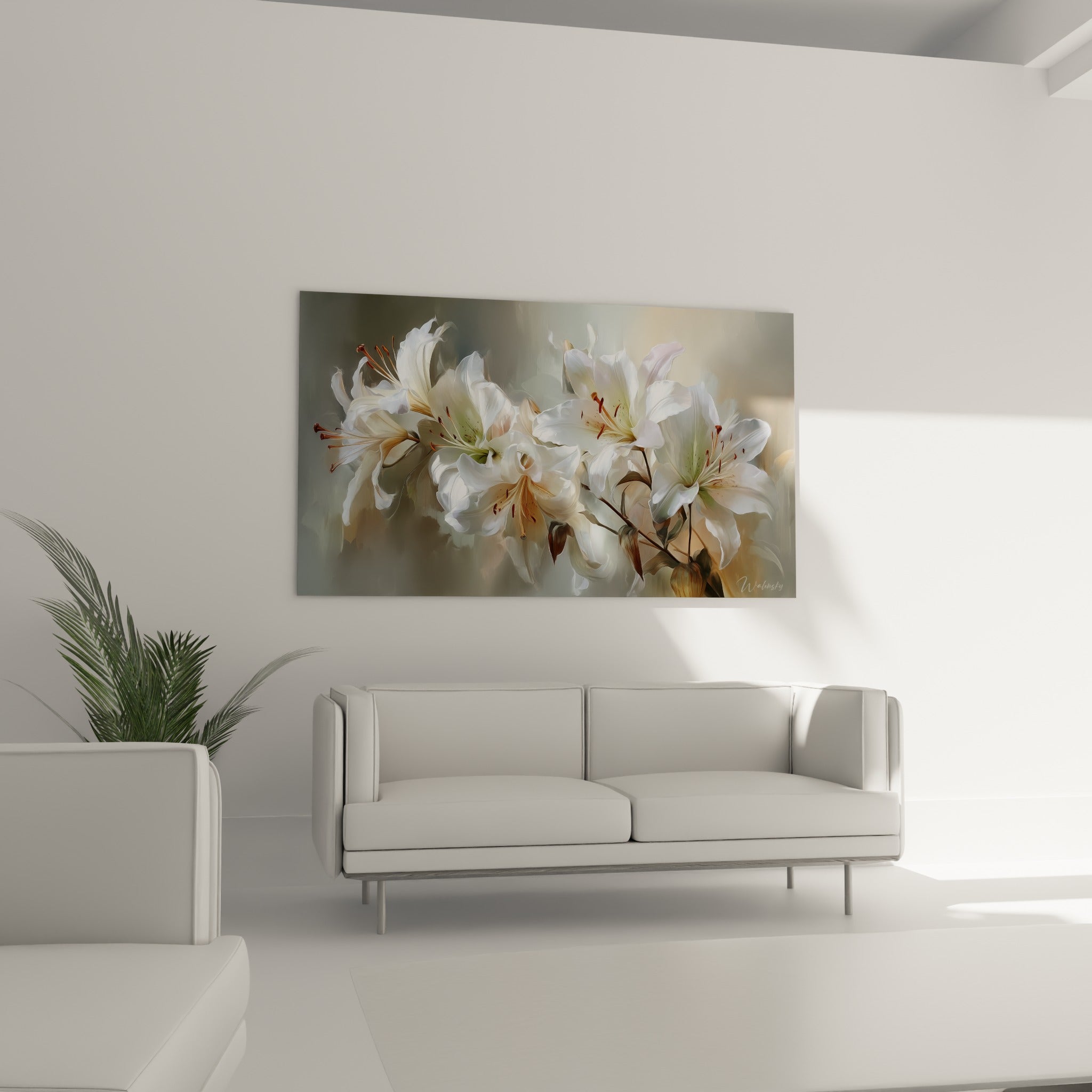 Fleurs de lys blanc et crème aux nuances dorées, disposées au-dessus d'un canapé dans un salon lumineux