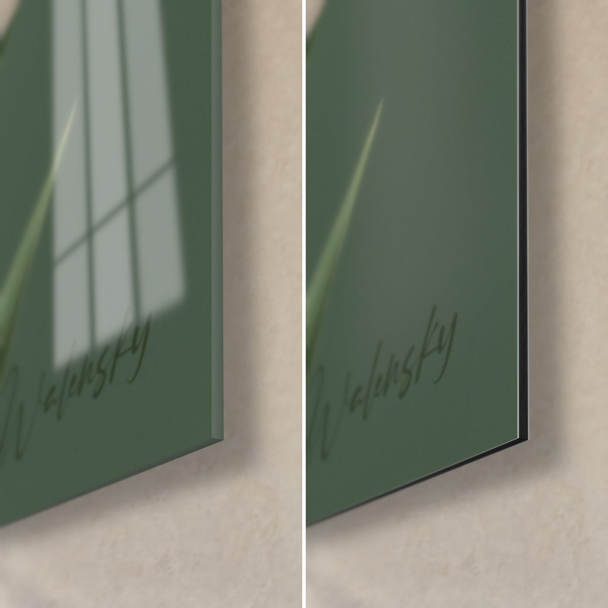Schilderij van witte lelies op een saliegroene achtergrond, rechteronderhoek: glanzend acrylglas dat het raam weerspiegelt, mat zwart Dibond-aluminium, rand van 3 mm