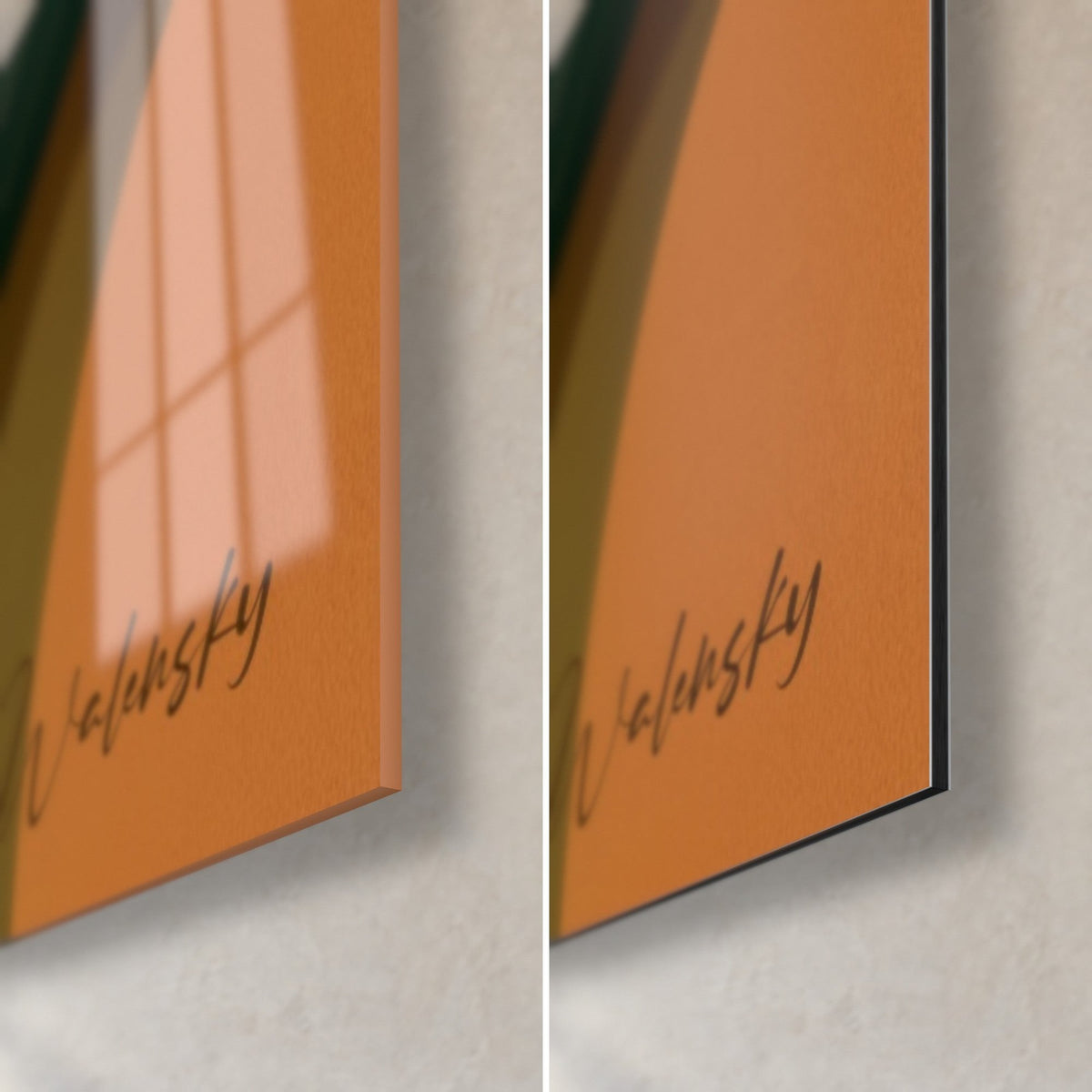 Tableau lis blanc, coin bas droit : verre brillant à gauche, Dibond mat à droite, orange et noir, signature Walensky