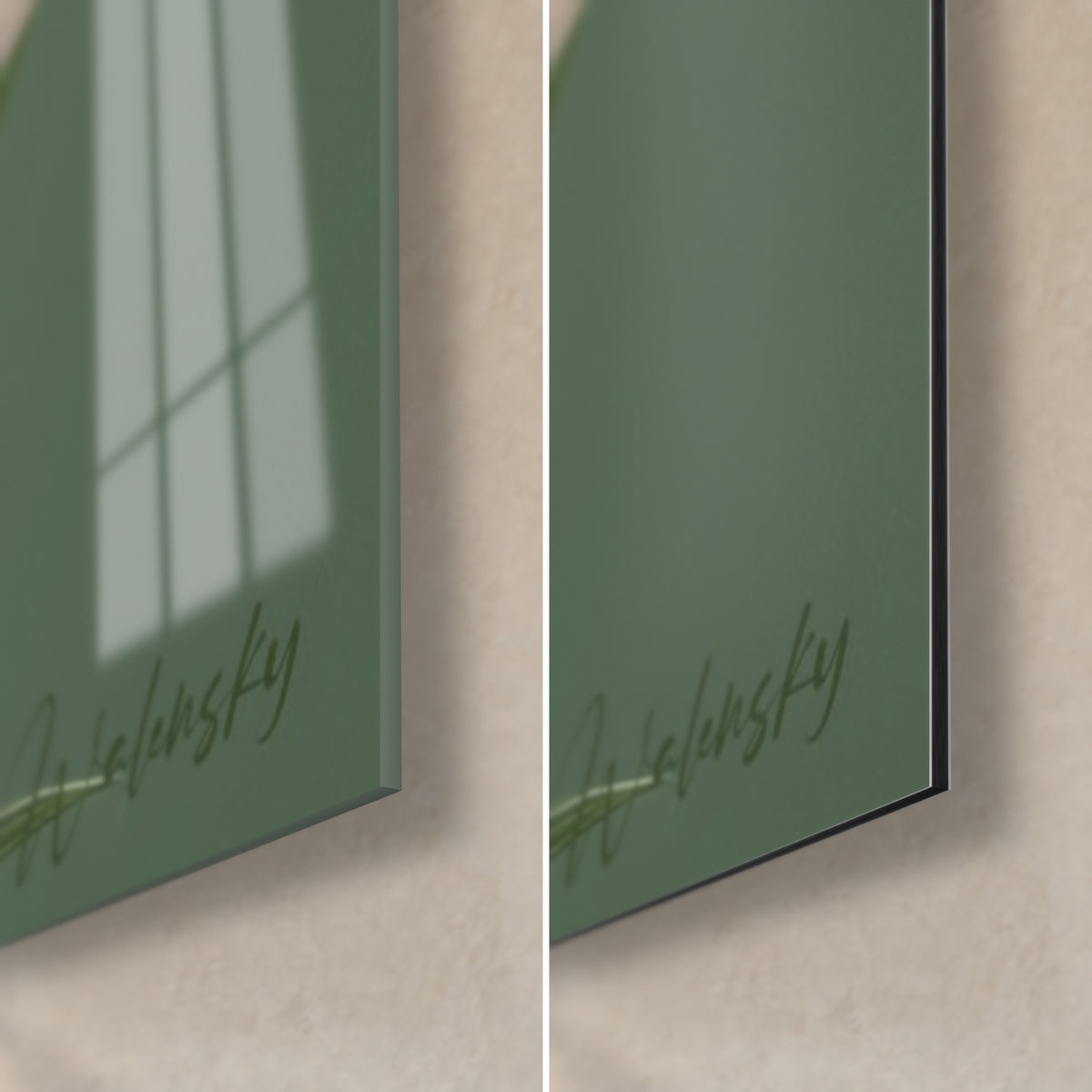 Cuadro lirio marfil sobre fondo verde salvia, firma Walensky, esquina inferior derecha: cristal acrílico brillante y aluminio Dibond mate, canto de 3 mm