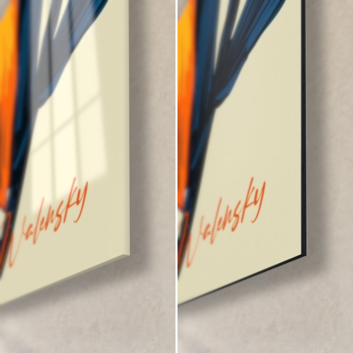 Tableau lis orange et tige bleu pétrole, coin bas droit : verre brillant à gauche, Dibond mat à droite, tranche de 3 mm