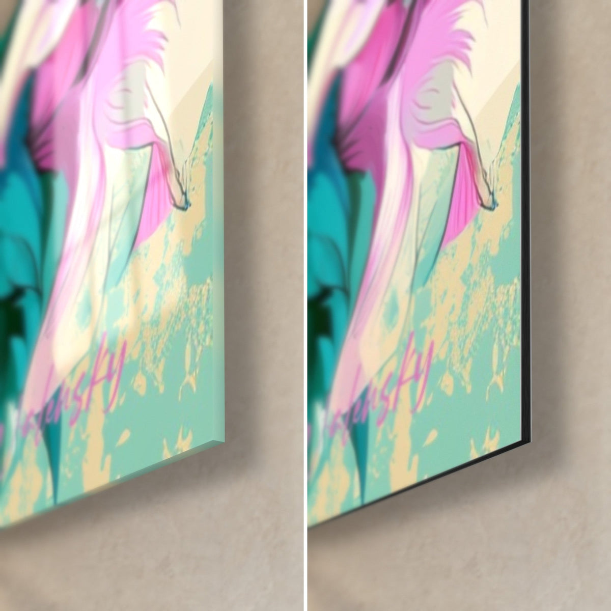 Tableau lys fuchsia et rose pâle, coin bas droit : verre acrylique brillant à gauche, Dibond noir mat à droite