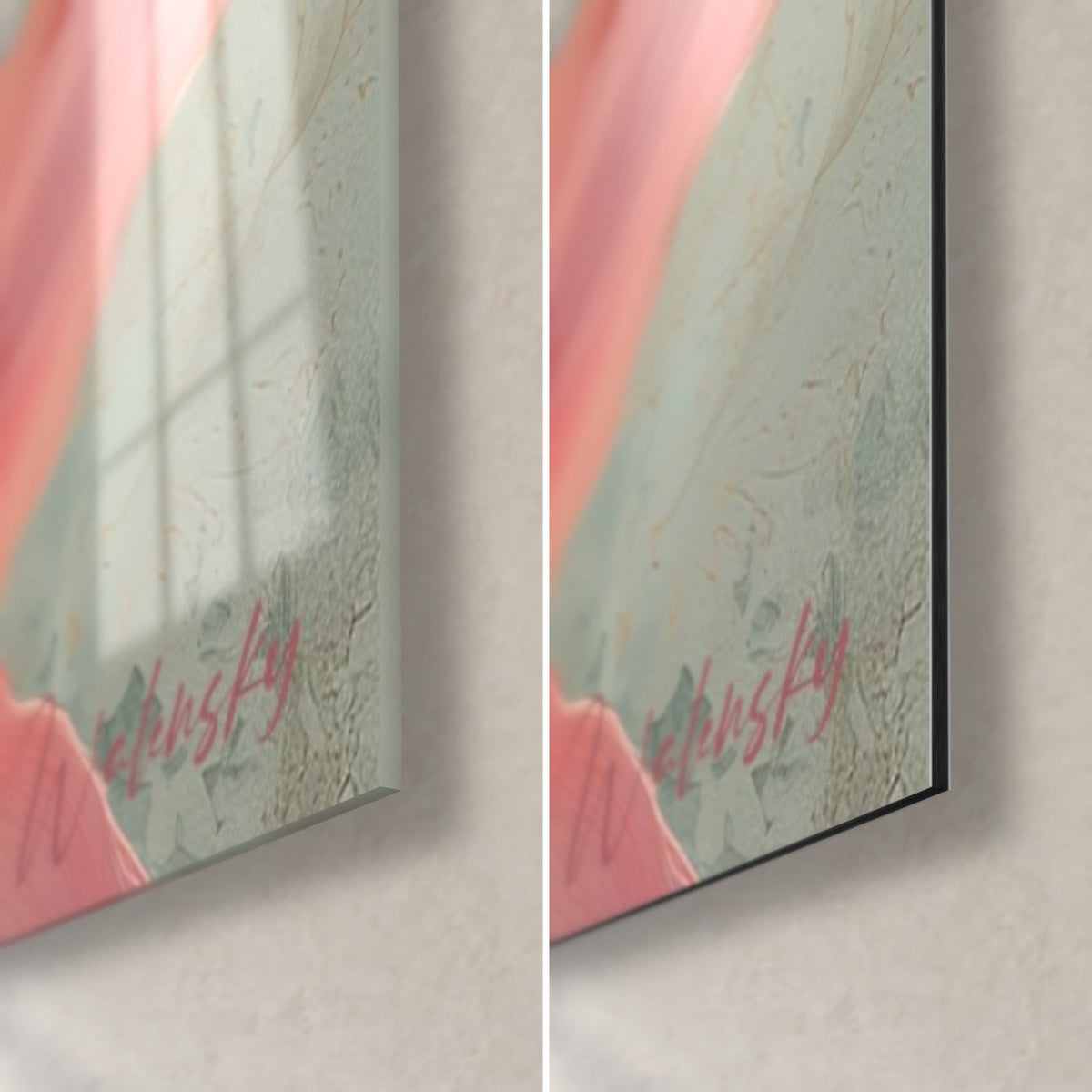 Tableau lys rose pâle et vert d'eau, coin bas droit : verre acrylique brillant à gauche, Dibond noir mat et tranche à droite