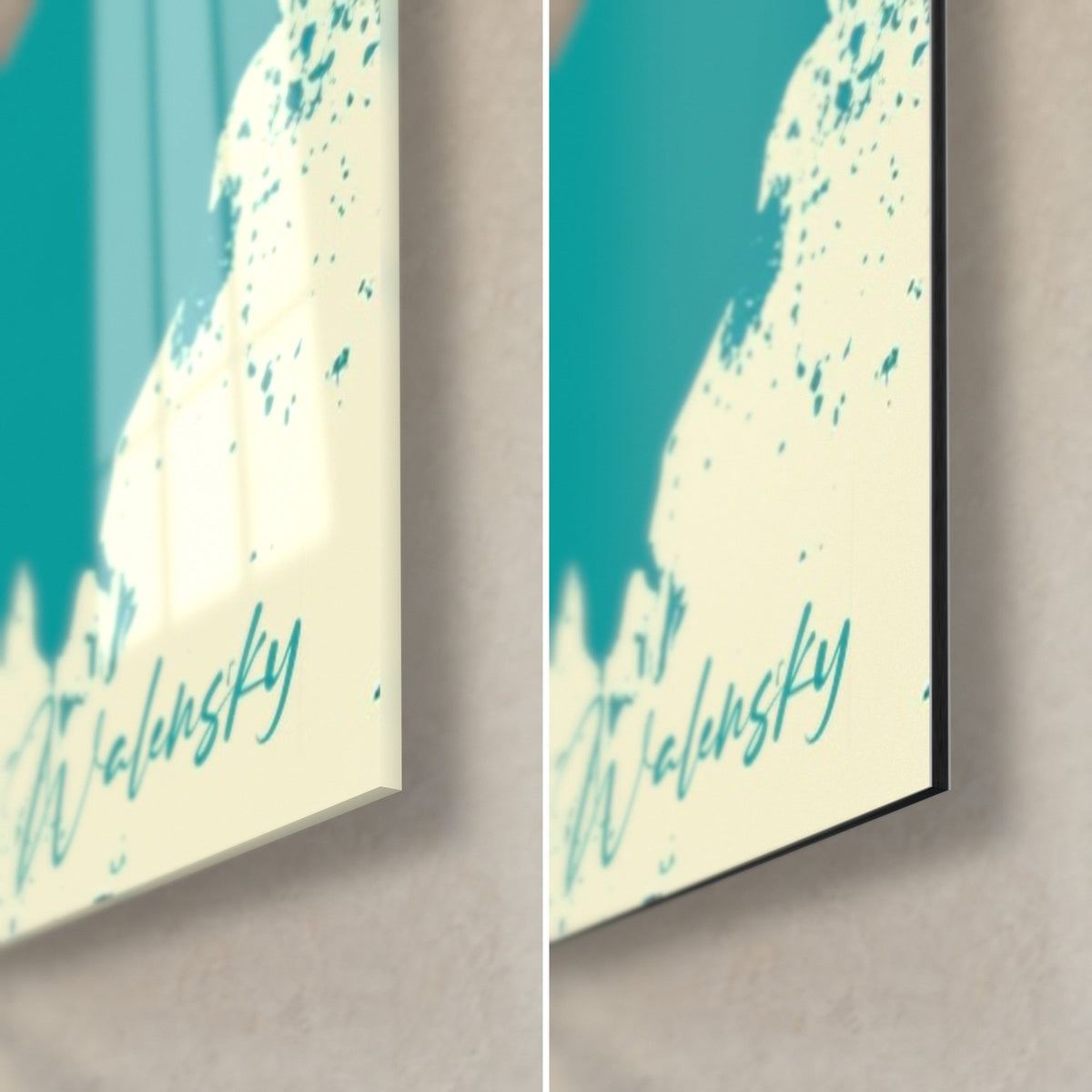 Tableau lys roses, éclaboussures turquoise sur crème, coin bas droit: verre acrylique brillant et reflets, alu Dibond mat noir