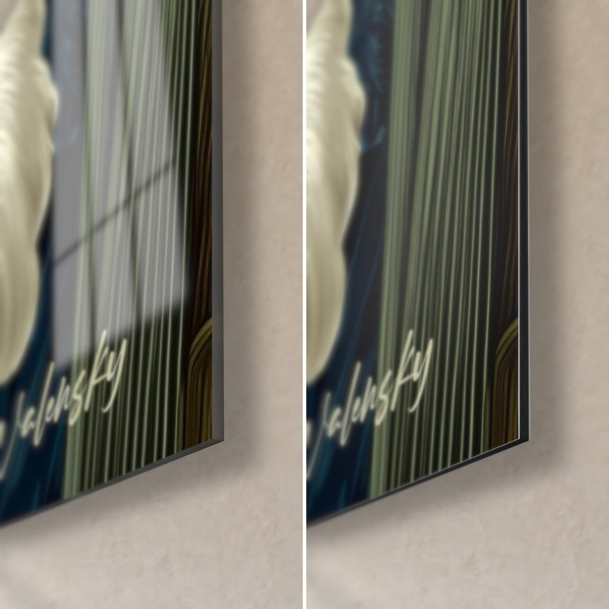 Tableau lys crème sur fond bleu nuit, coin bas droit : verre brillant à gauche, Dibond mat à droite, tranche de 3 mm