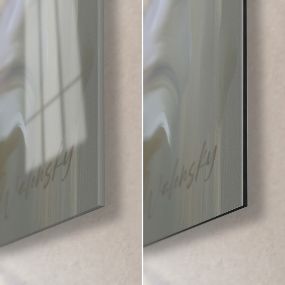 Tableau lys blancs en panorama, coin bas droit : verre acrylique brillant reflétant la fenêtre, Dibond gris mat, tranche noire