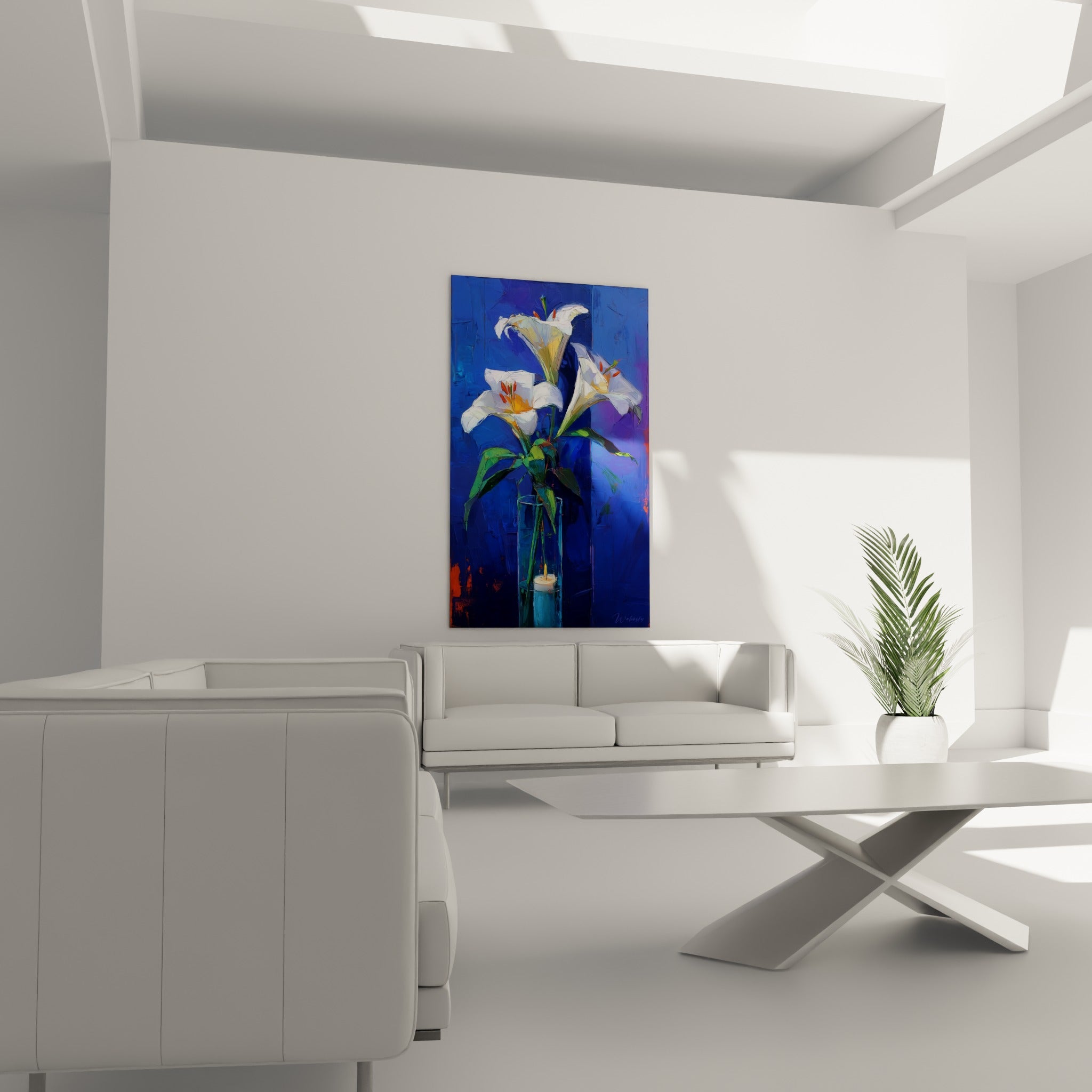 Fleurs de lys blanches touchées d'orange suspendues au-dessus d'un canapé dans un salon lumineux