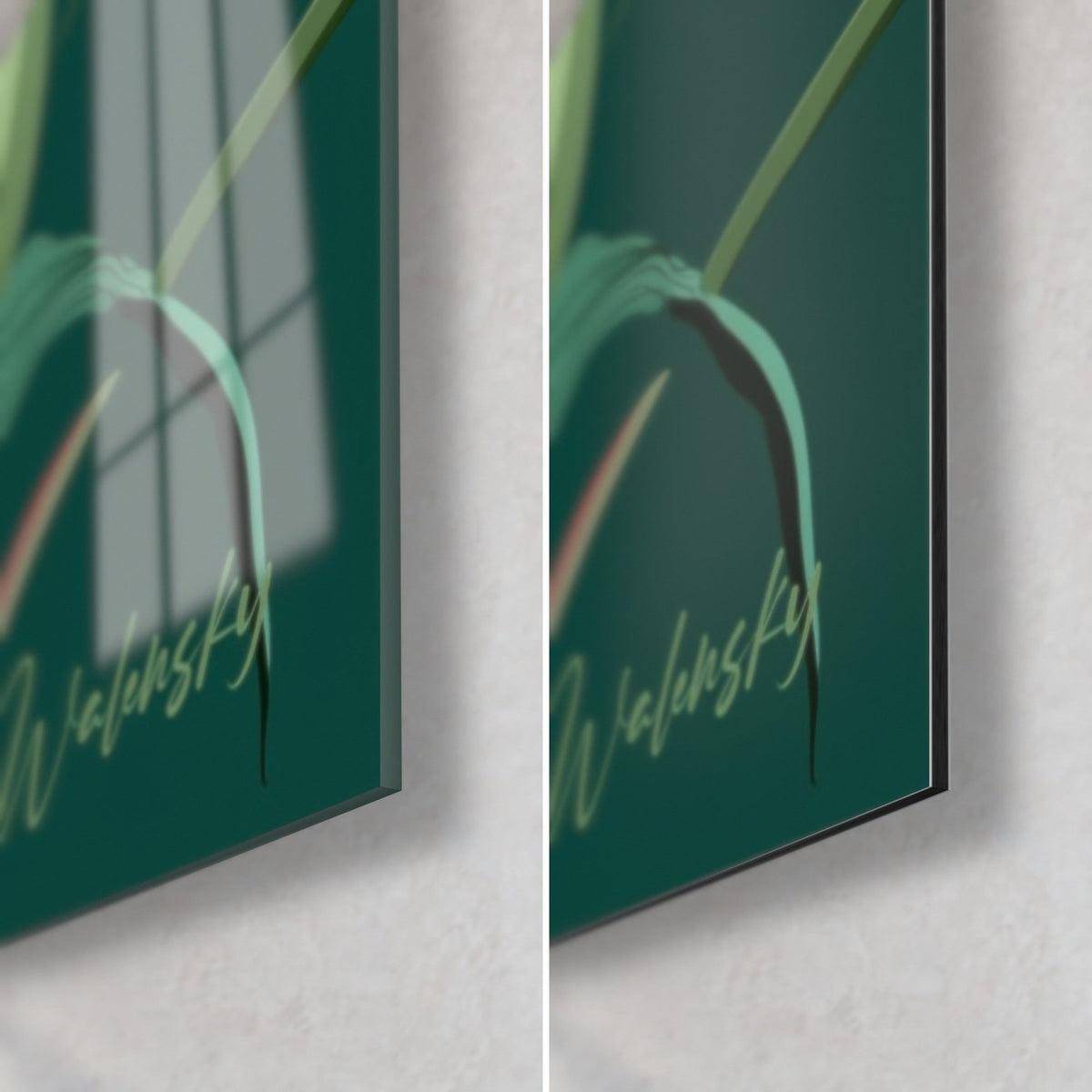 Tableau lis immaculé, coin bas droit vert profond : verre brillant à reflets, Dibond noir mat, signature dorée, tranche 3 mm