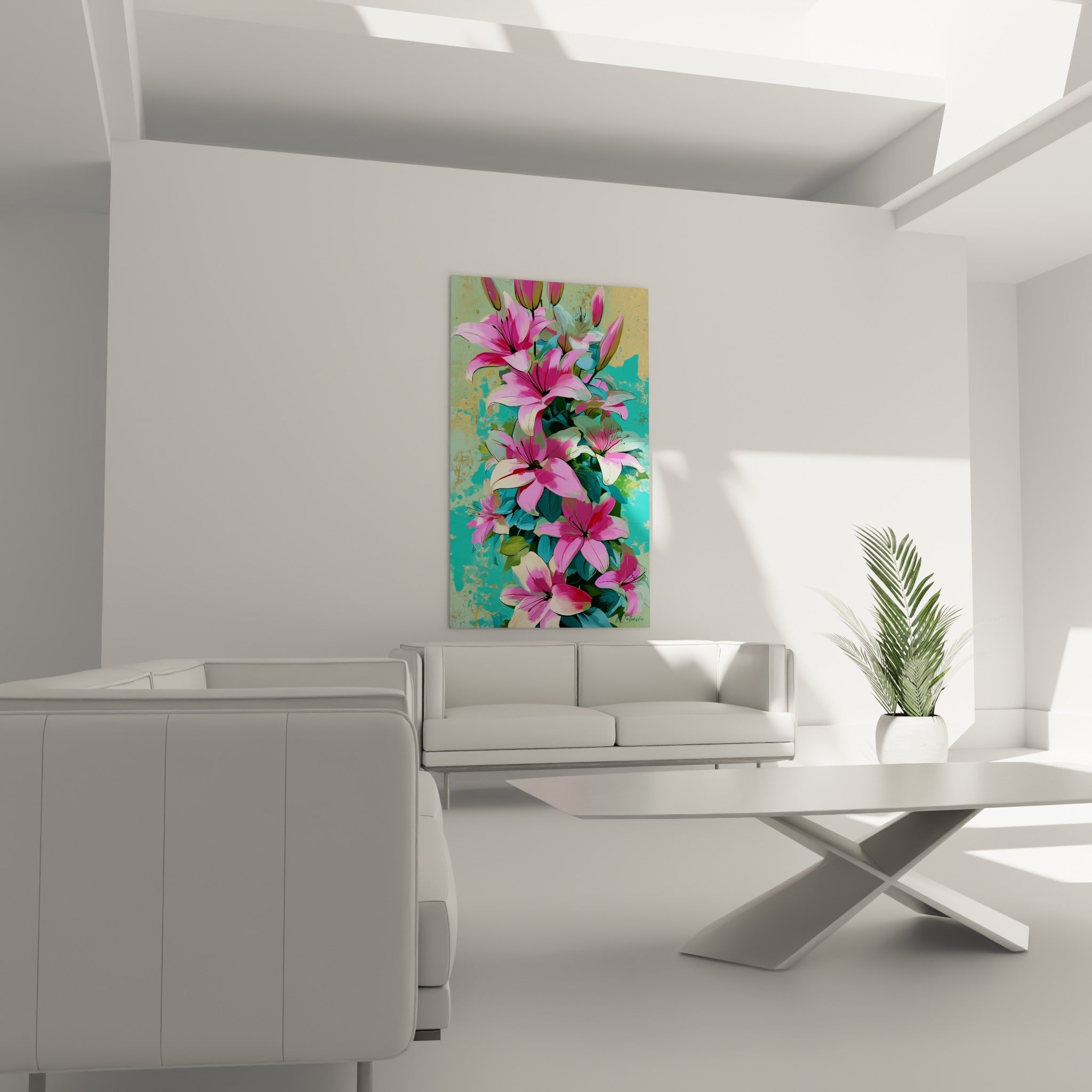 Fleurs de lys roses et feuillage bleu-vert profond, suspendues au-dessus d'un canapé dans un salon lumineux