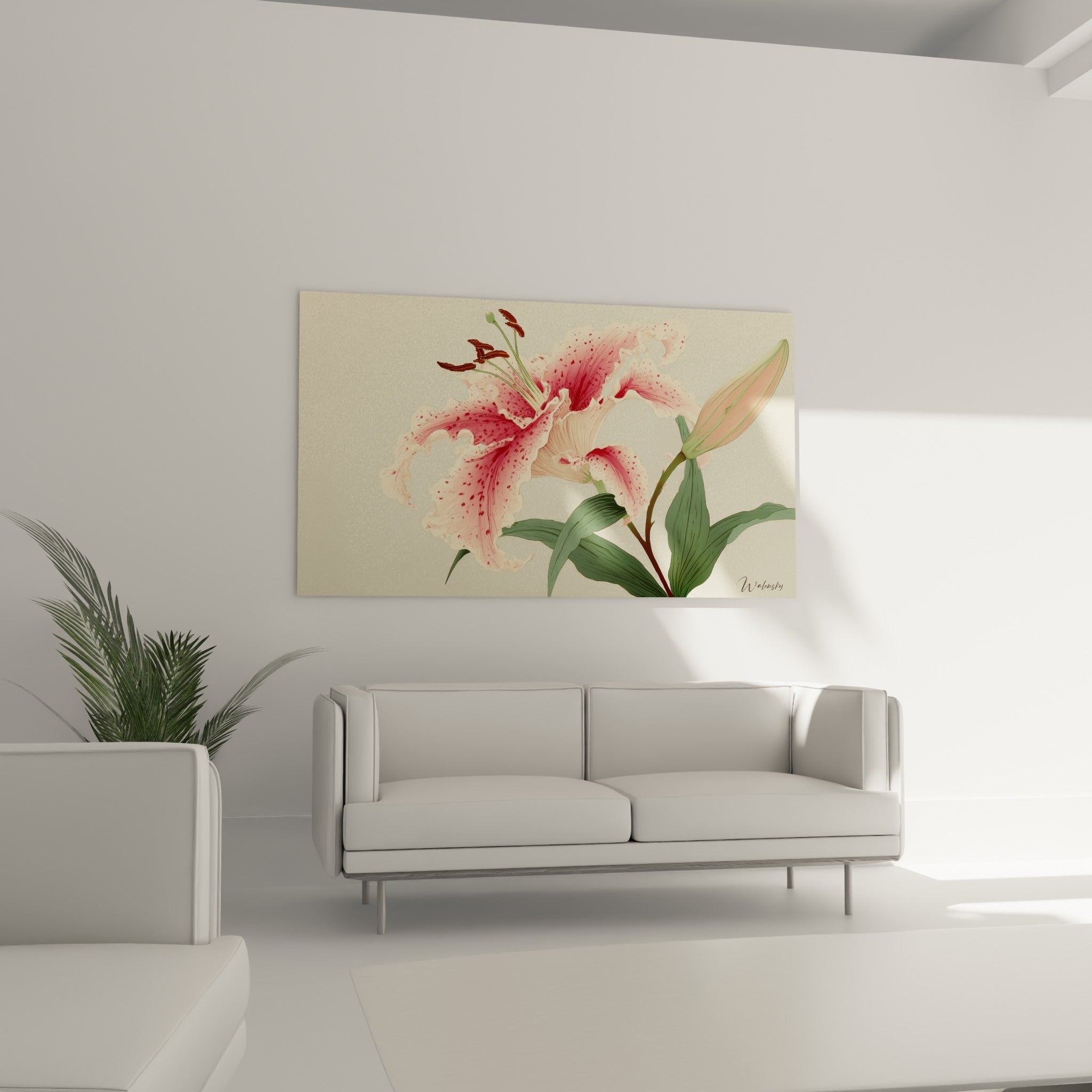 Pétales roses et ivoire du lys mouchetés de pourpre, disposés au-dessus d'un canapé dans un salon lumineux